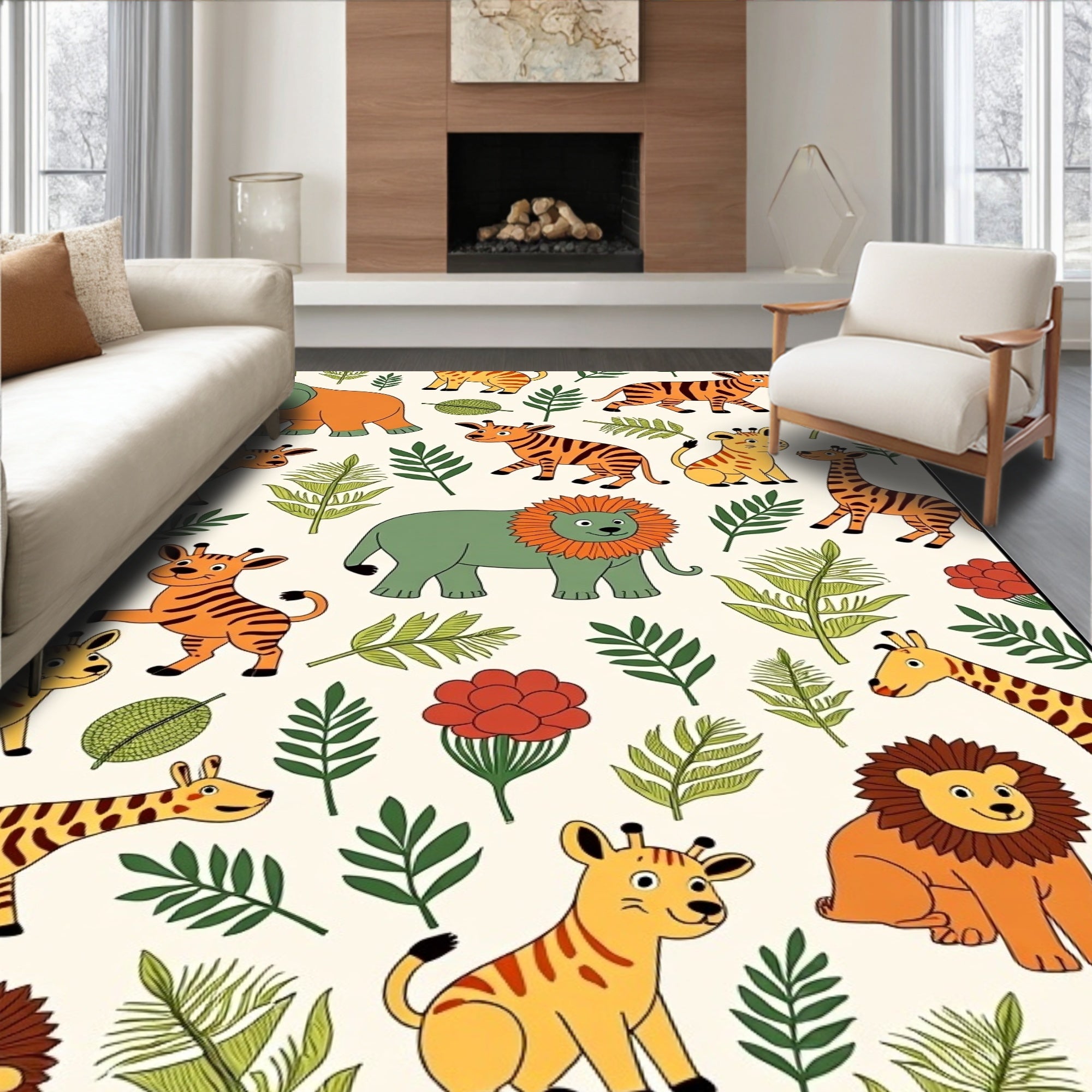Whimsical Jungle Animals and Foliage Rug