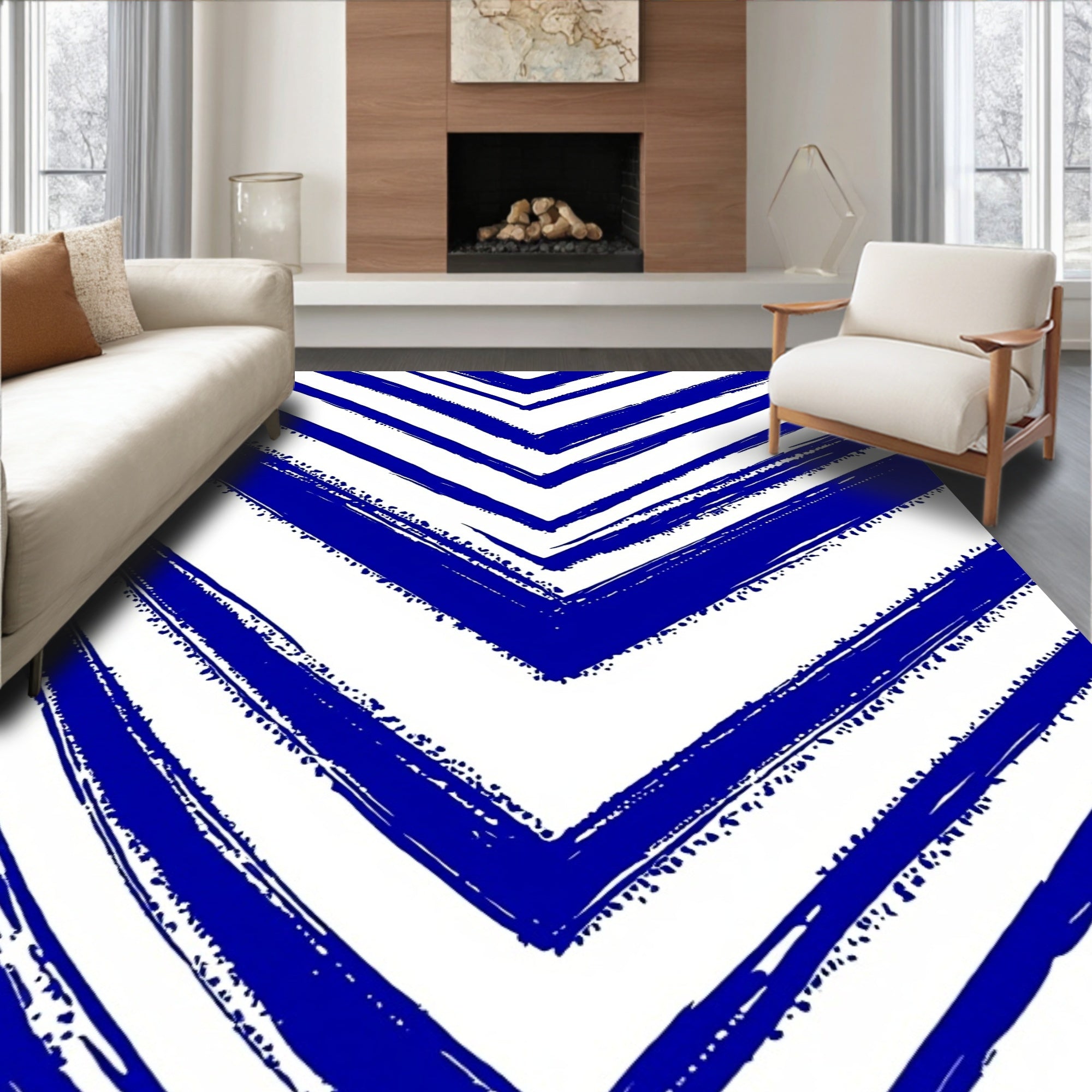 Bold Blue Chevron Brushstroke Rug