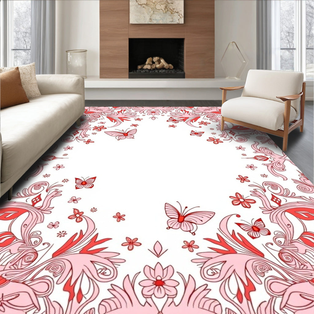 Crimson Butterfly Floral Garland Rug