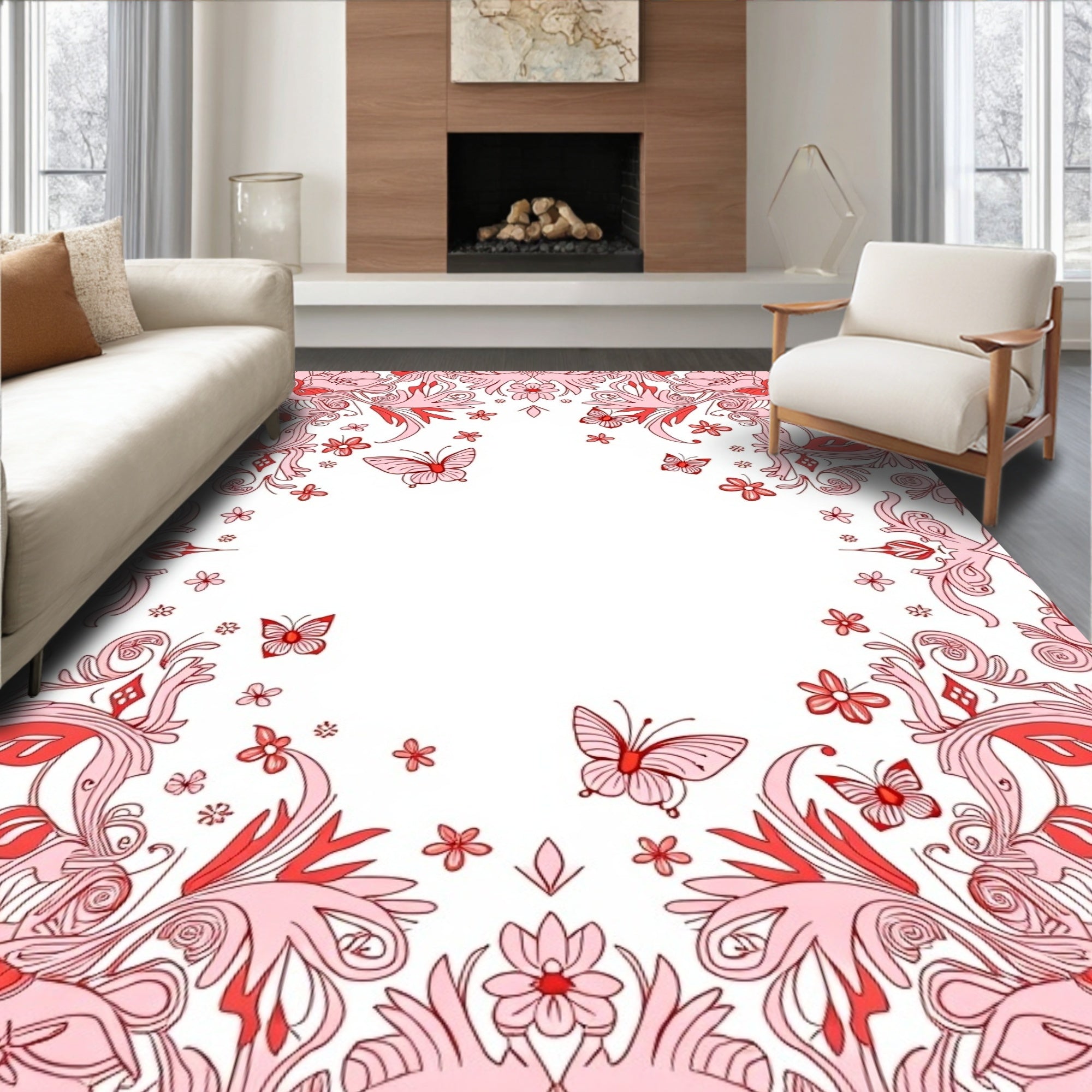 Crimson Butterfly Floral Garland Rug