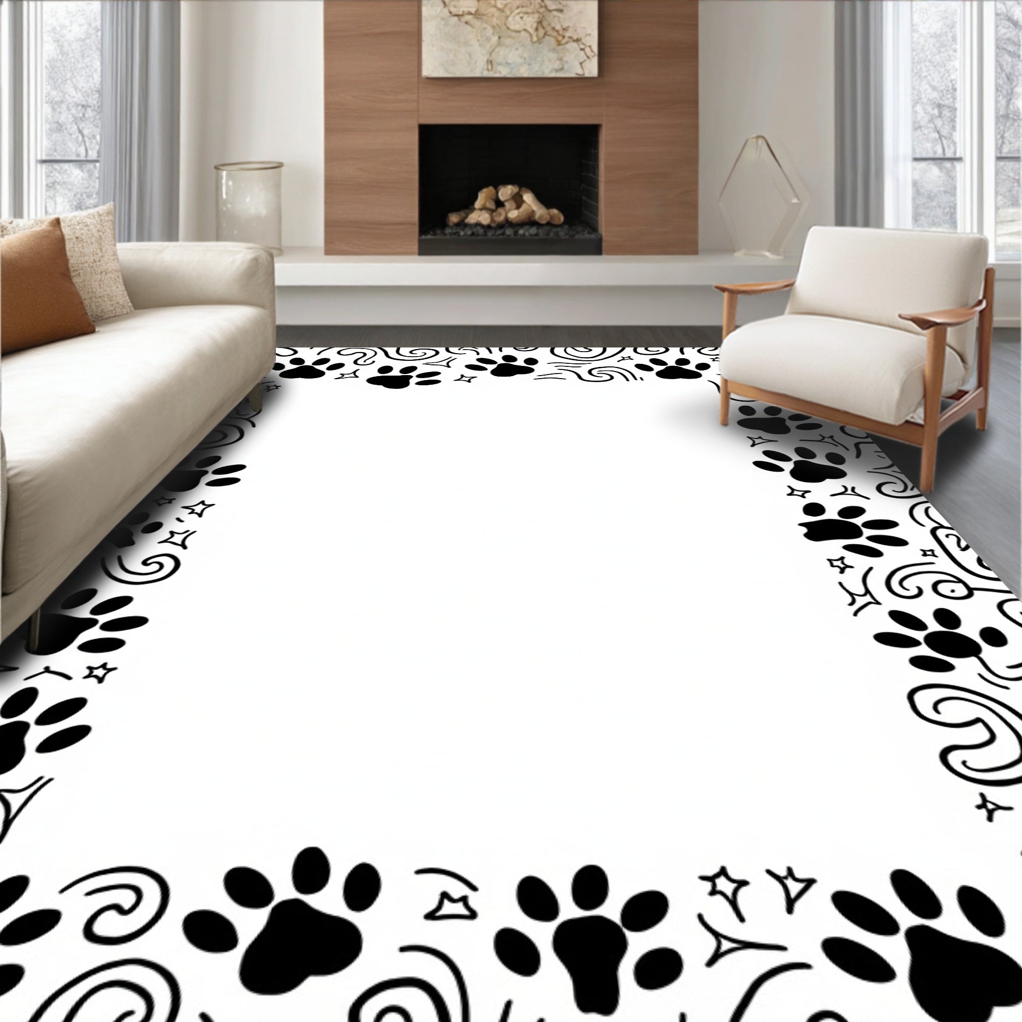 Black Paw Print Swirl Border Rug