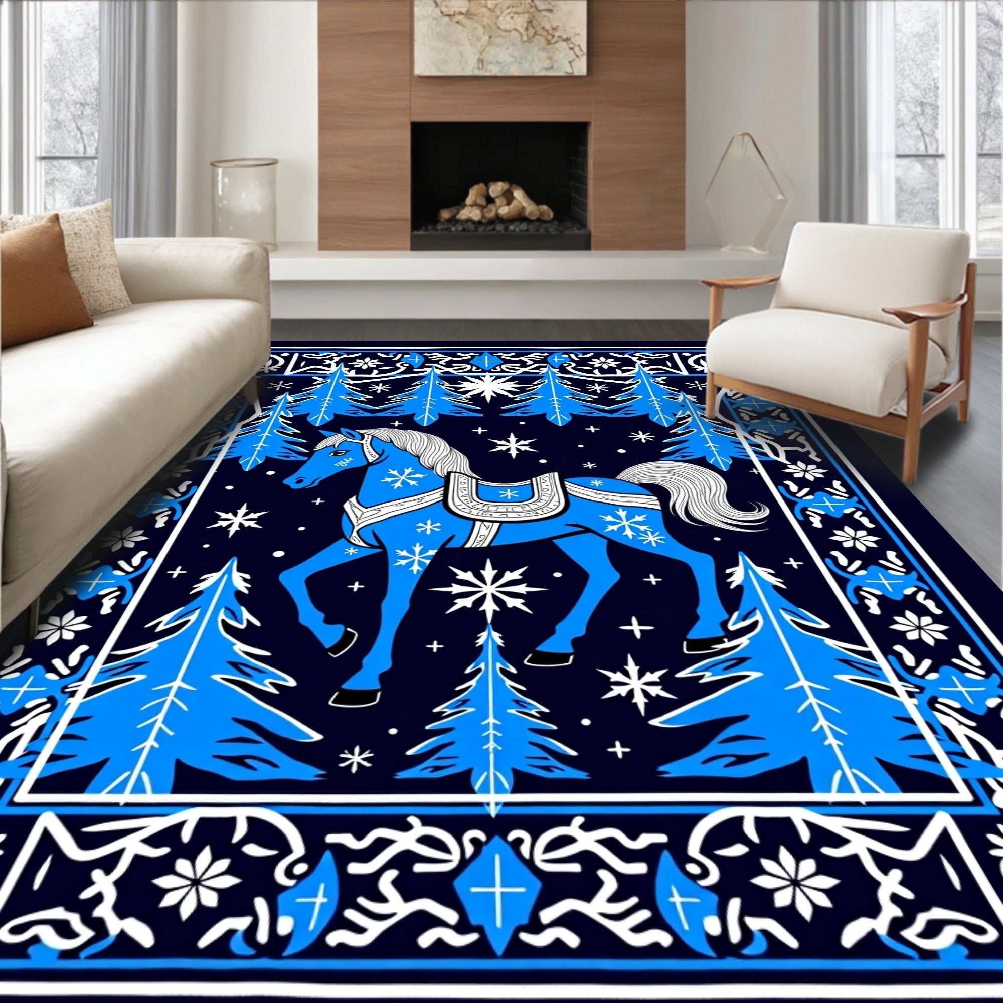 Blue Horse Winter Forest Border Rug