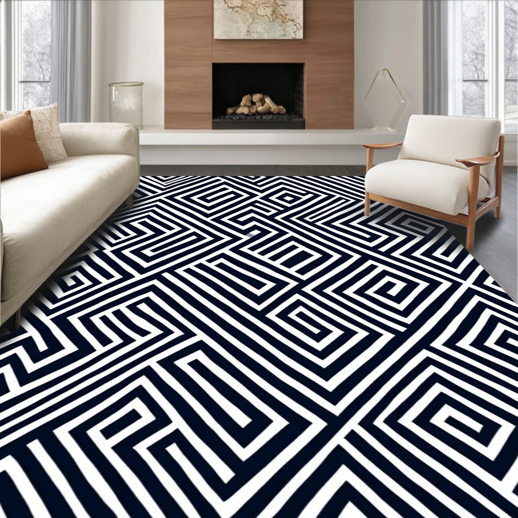 Retro Black White Geometric Maze Rug