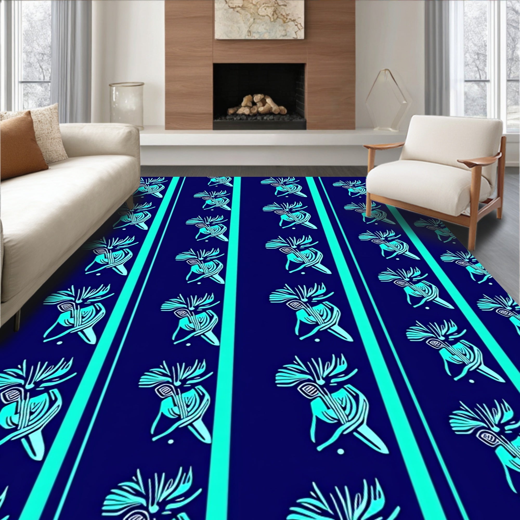 Teal Abstract Floral Stripe Rug