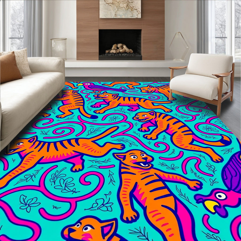 Playful Orange Tigers Purple Birds Aqua Rug