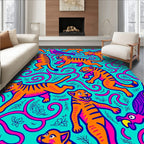 Playful Orange Tigers Purple Birds Aqua Rug