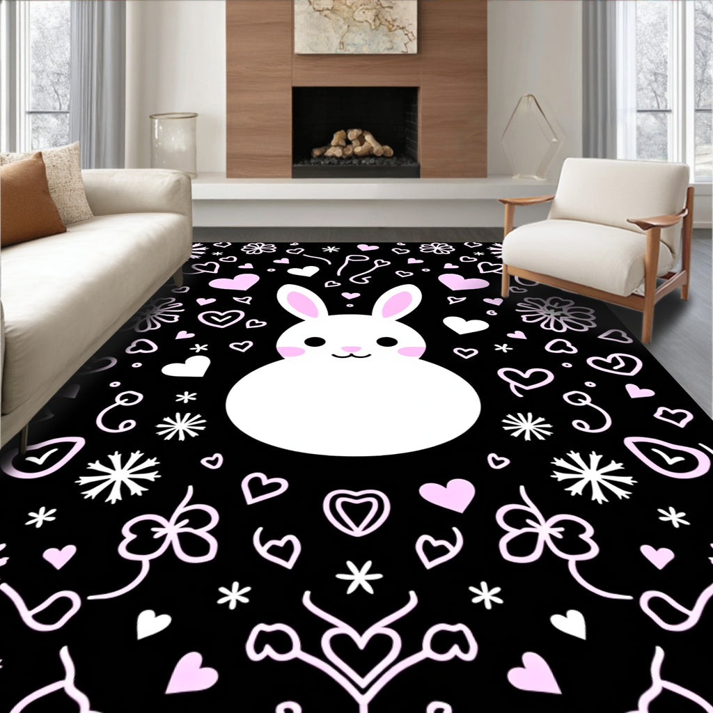 Cute White Bunny Pink Hearts Black Background Rug