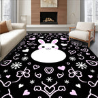 Cute White Bunny Pink Hearts Black Background Rug