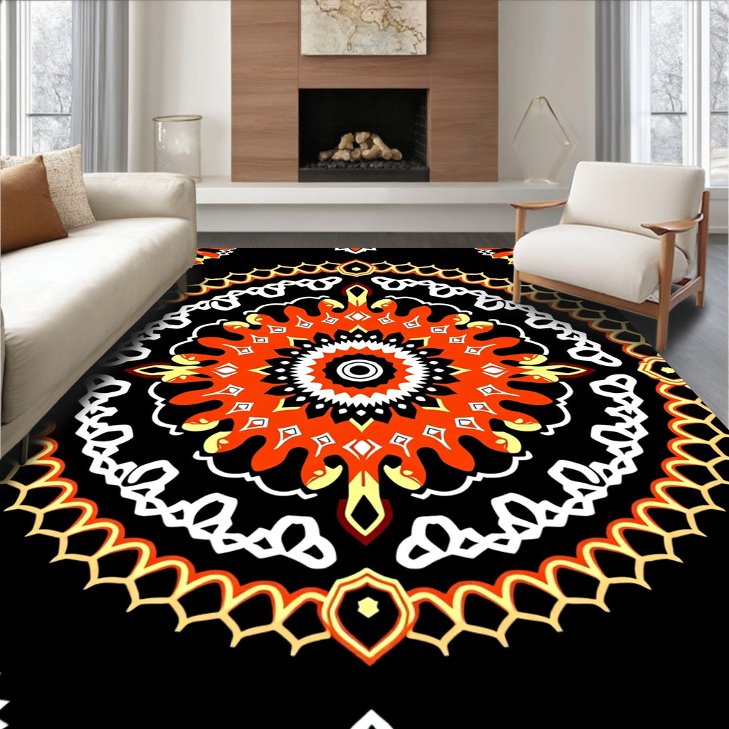 Vibrant Orange Black Mandala Medallion Rug