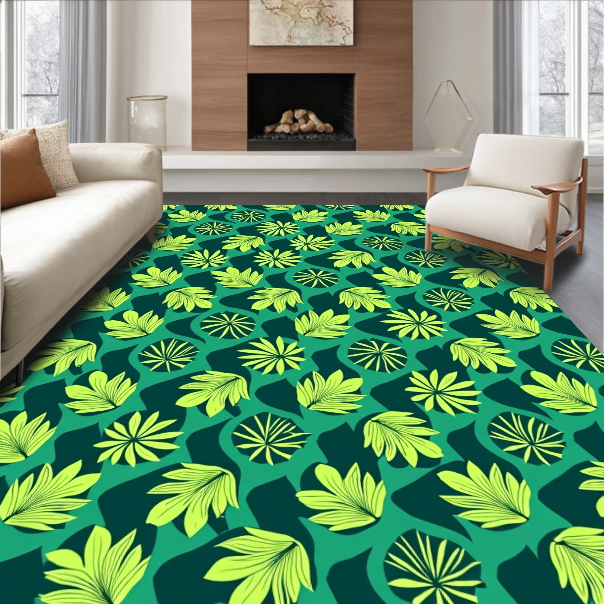 Lime Green Tropical Leaf Collage Rug