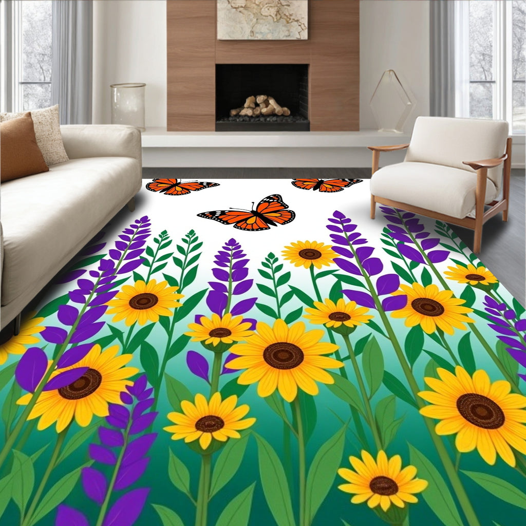 Whimsical Orange Butterfly Sunflower Garden Rug