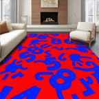 Bold Blue Numbers Chaotic Red Field Rug