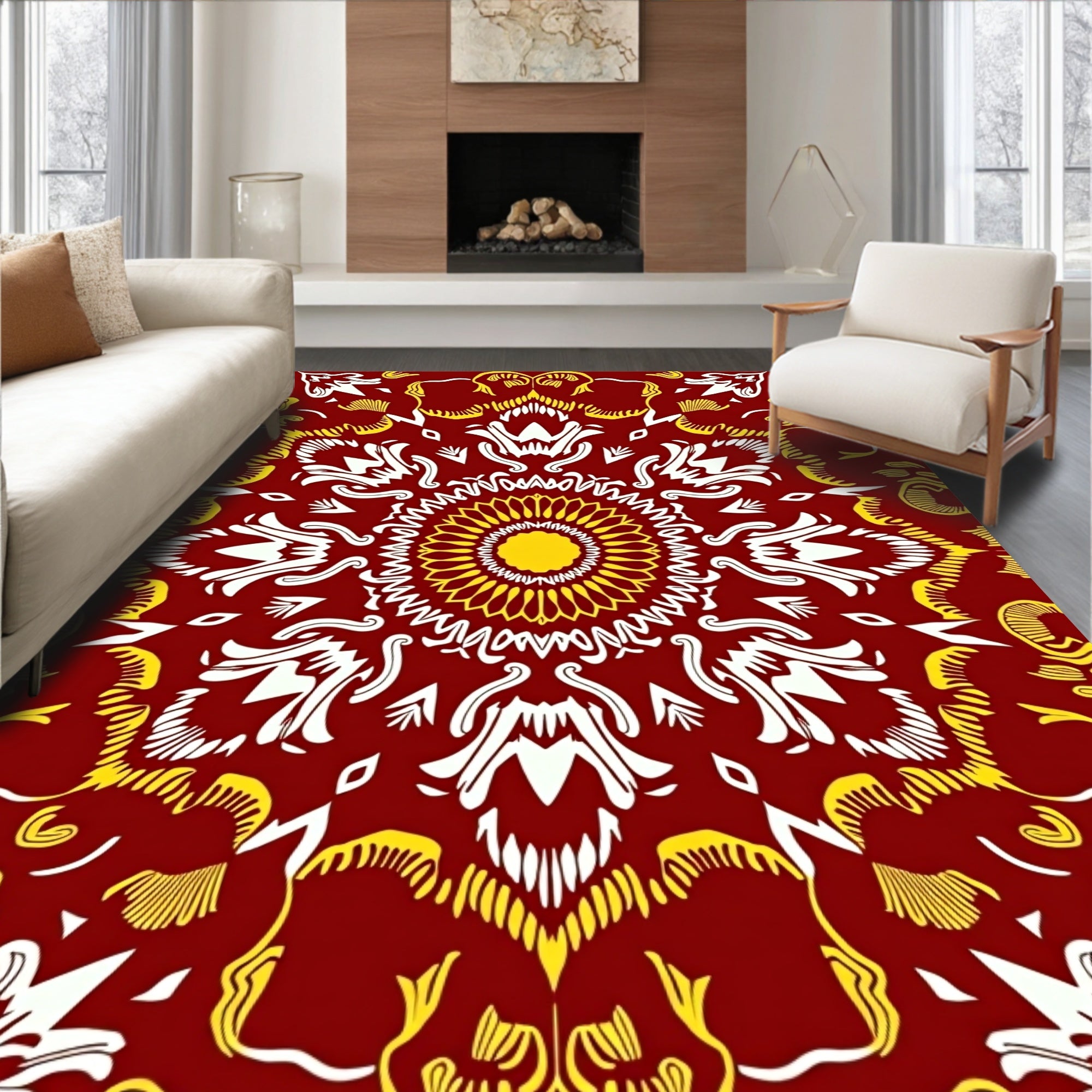 Deep Crimson Yellow Floral Mandala Rug