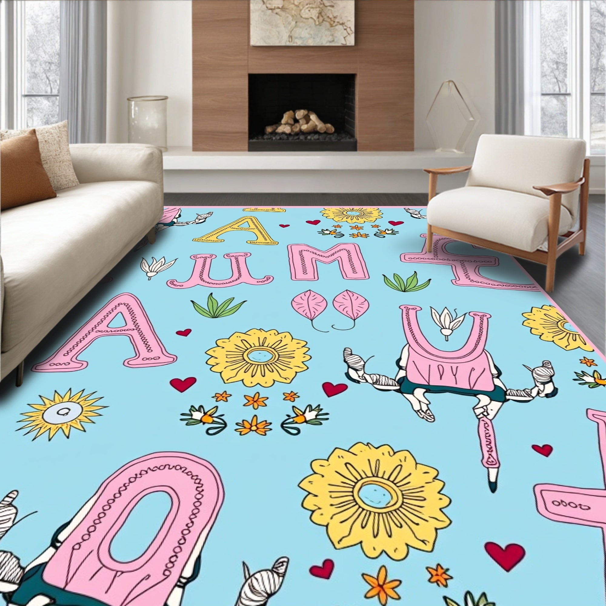 Whimsical Pink Yellow Alphabet Garden Rug
