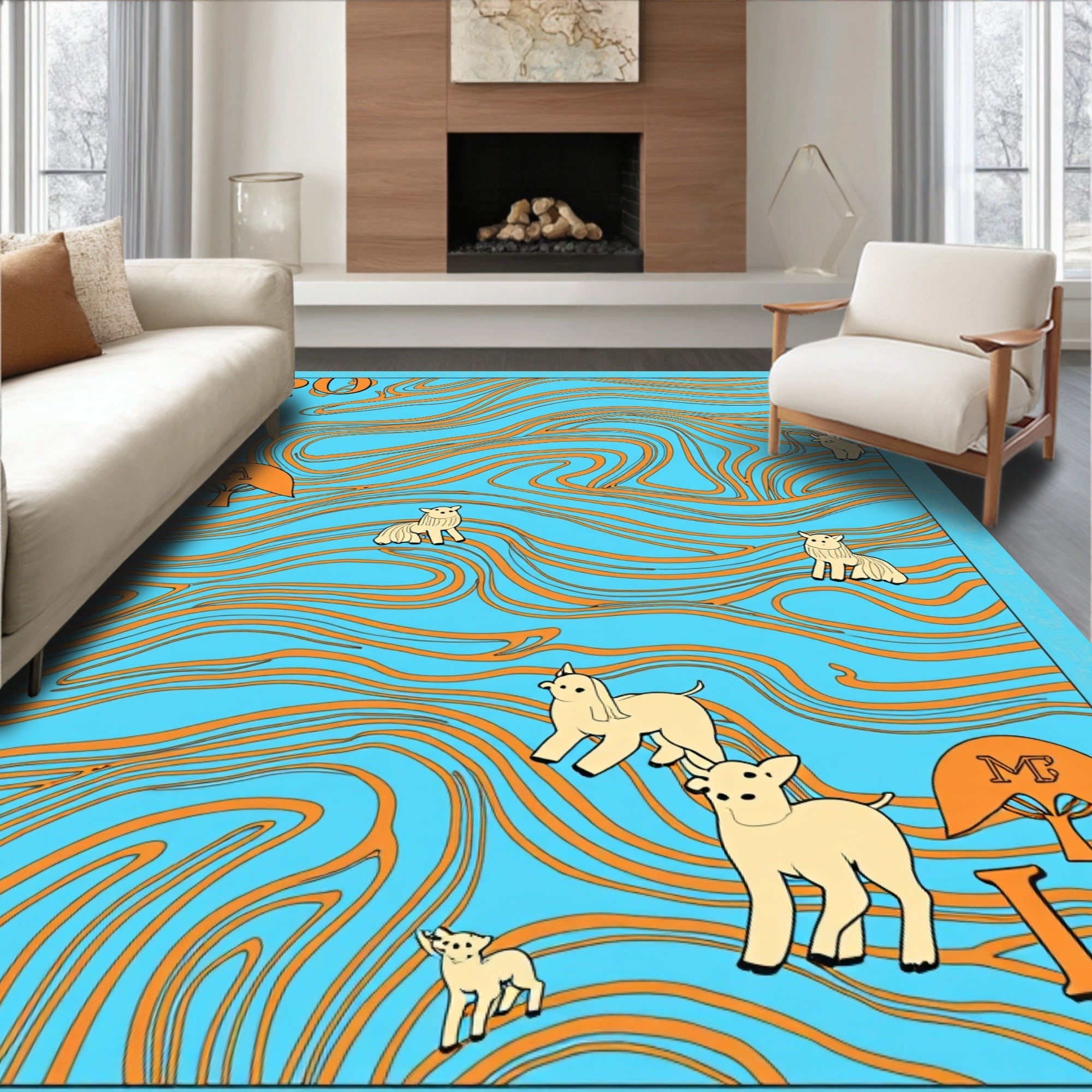 Whimsical Blue Orange Animal Herd Rug