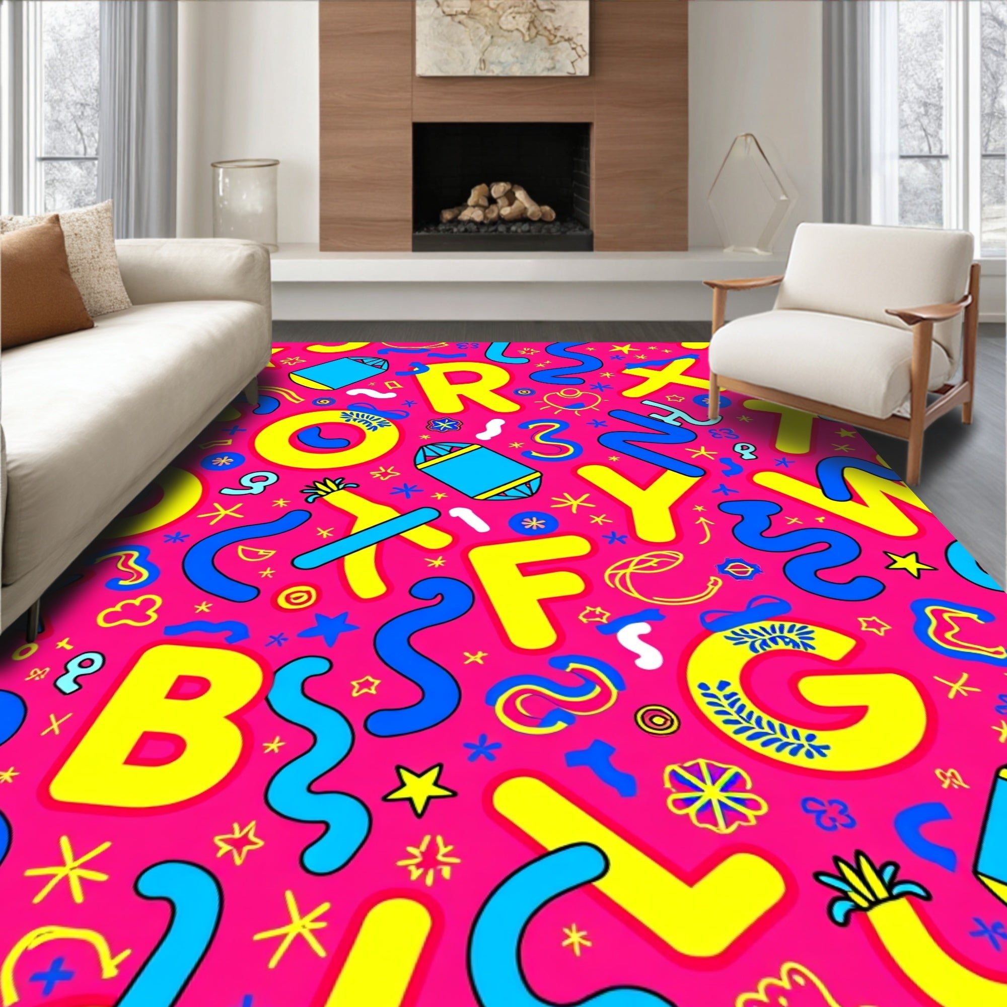 Vibrant Pink Blue Yellow Alphabet Fun Rug