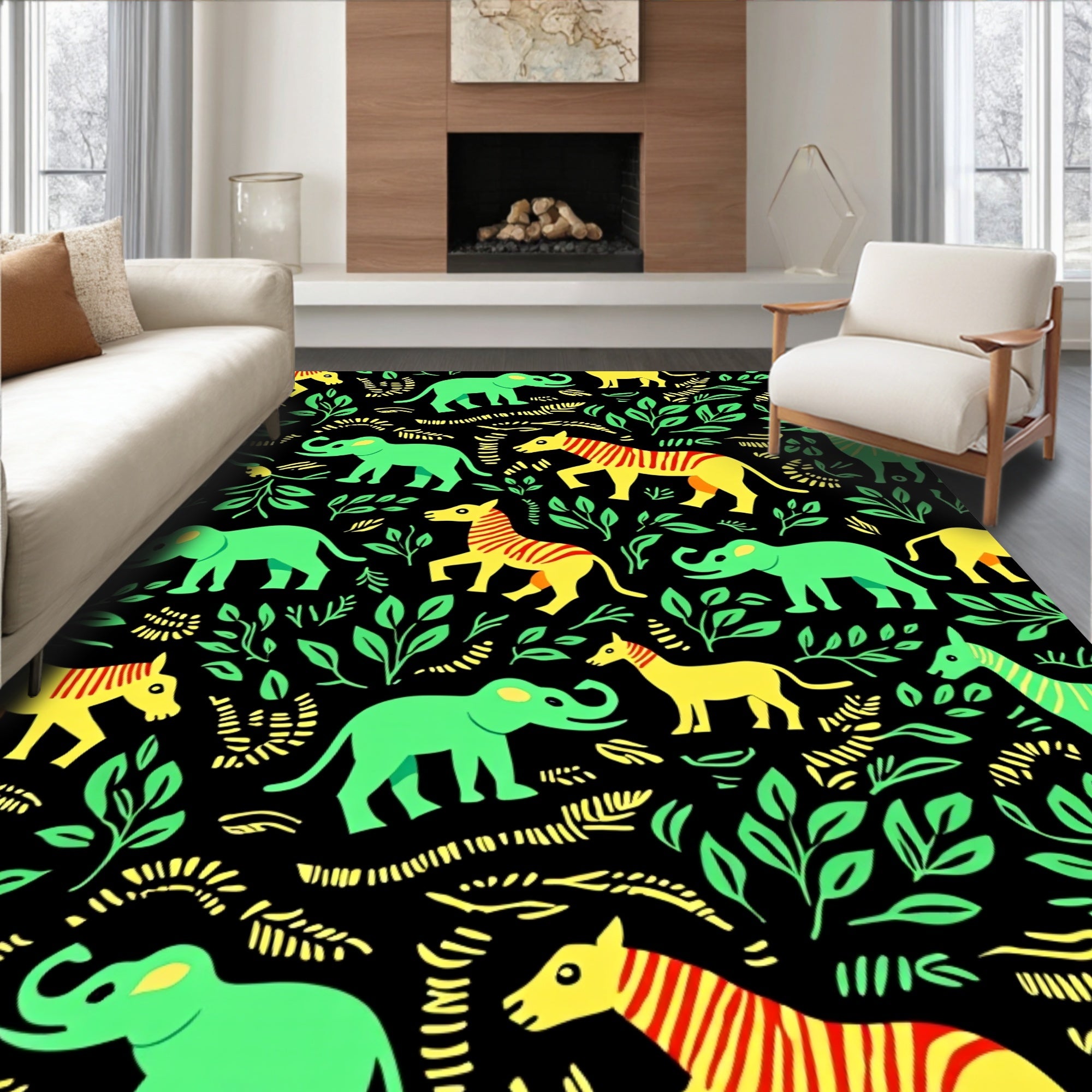 Green Elephants Yellow Zebras Jungle Meadow Rug