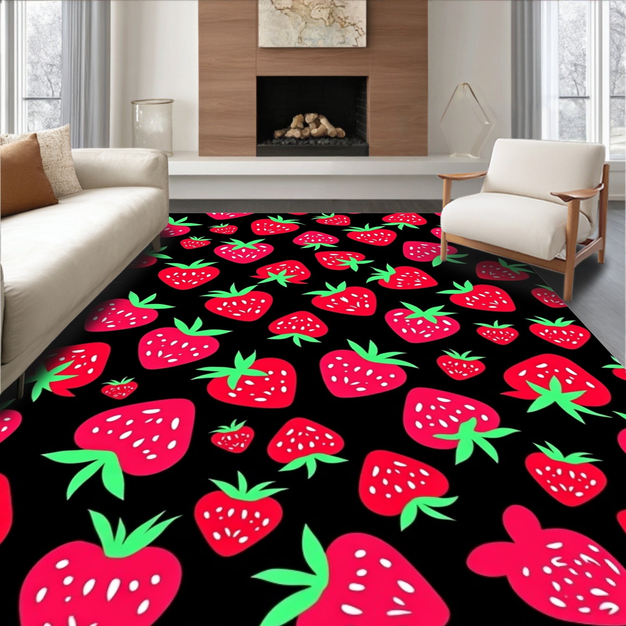 Red Strawberry Patch Black Background Rug