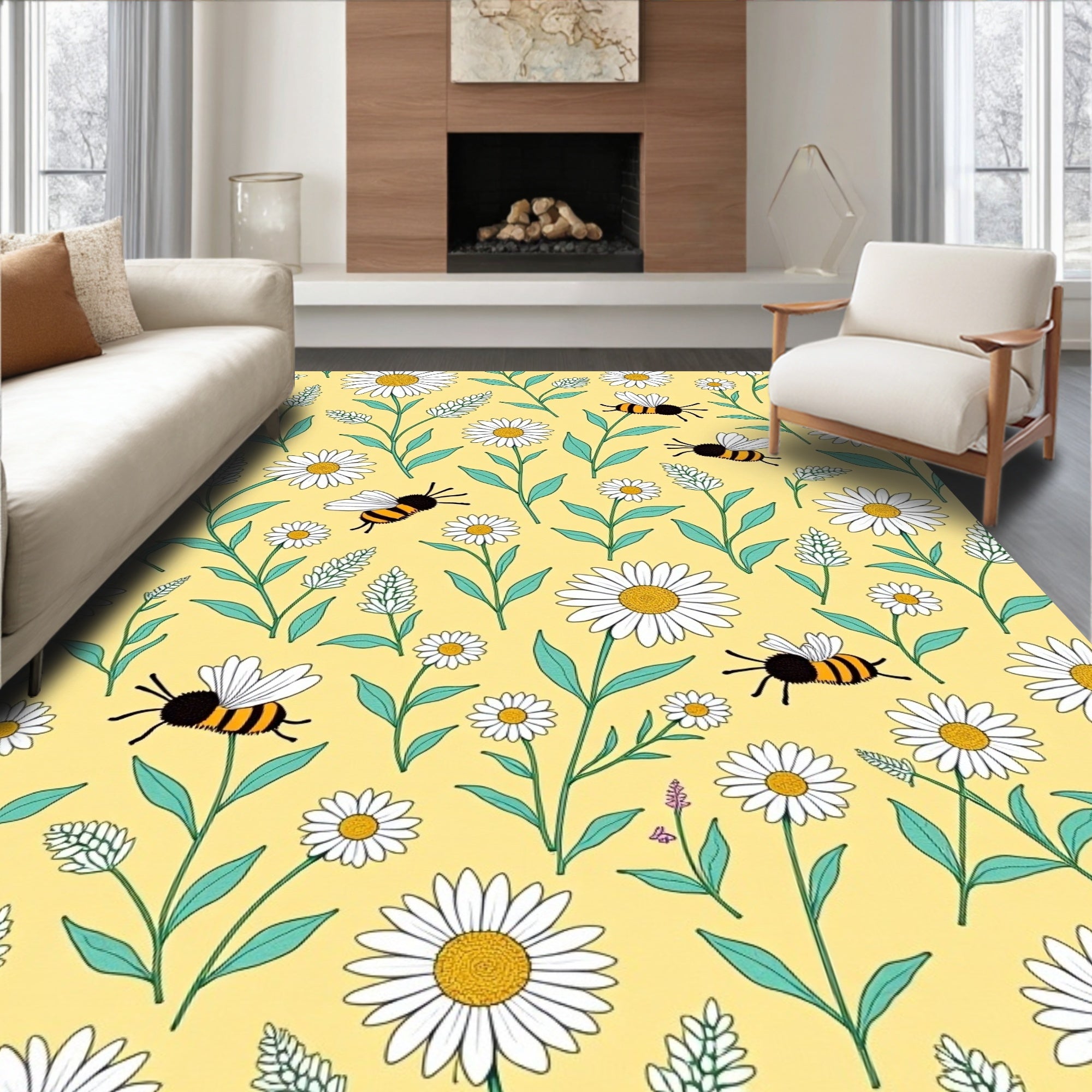 Yellow Daisy Bee Meadow Rug