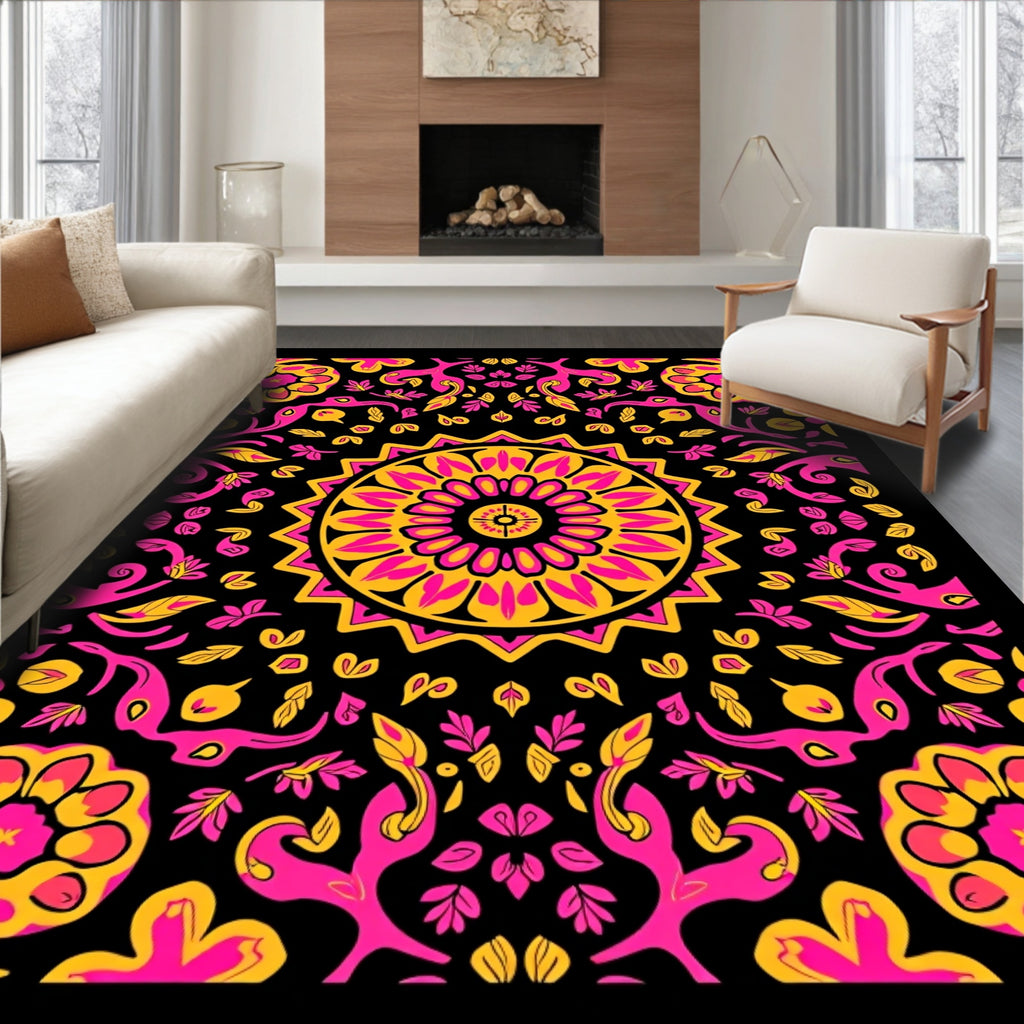 Vibrant Pink Yellow Floral Medallion Rug