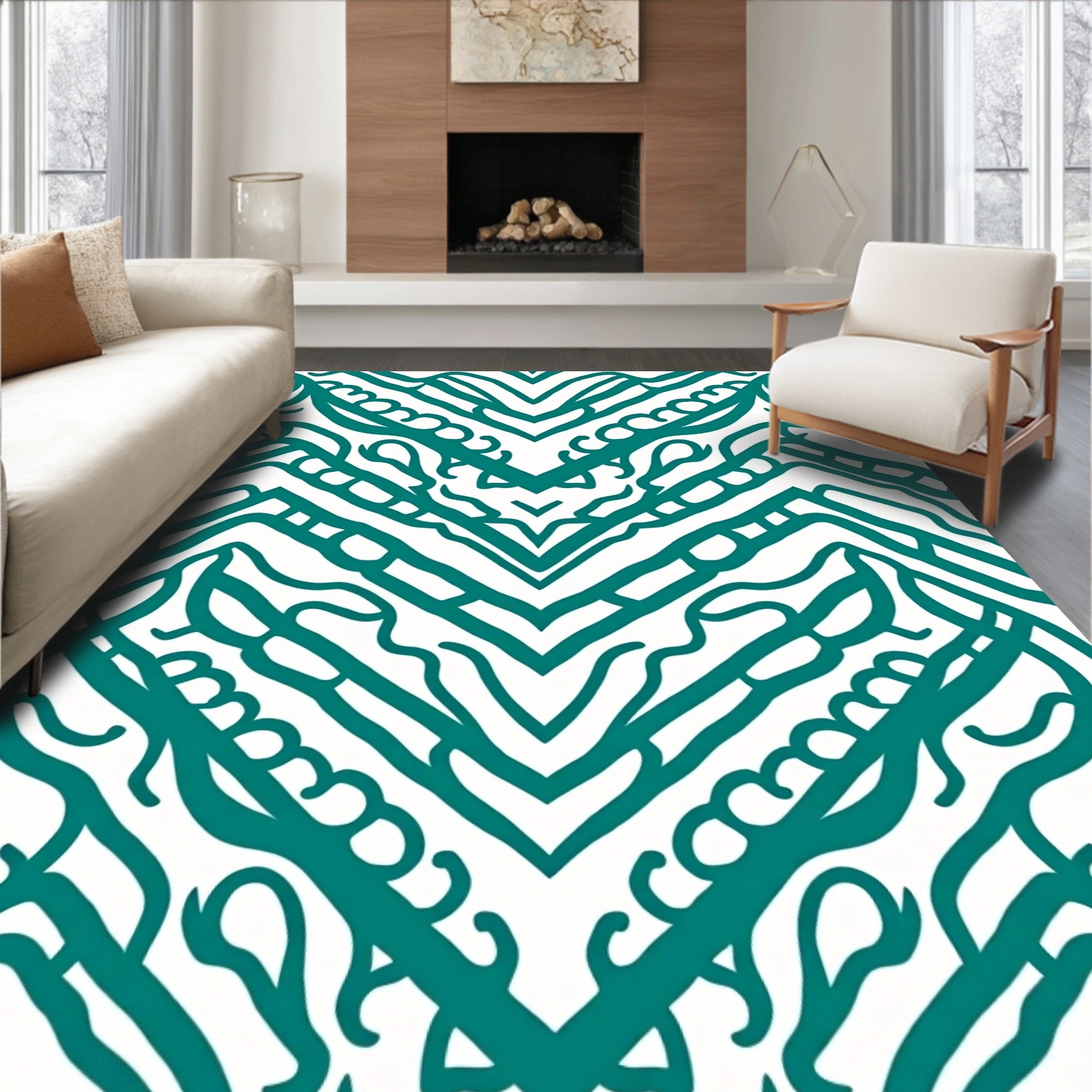 Teal Abstract Chevron Art Rug