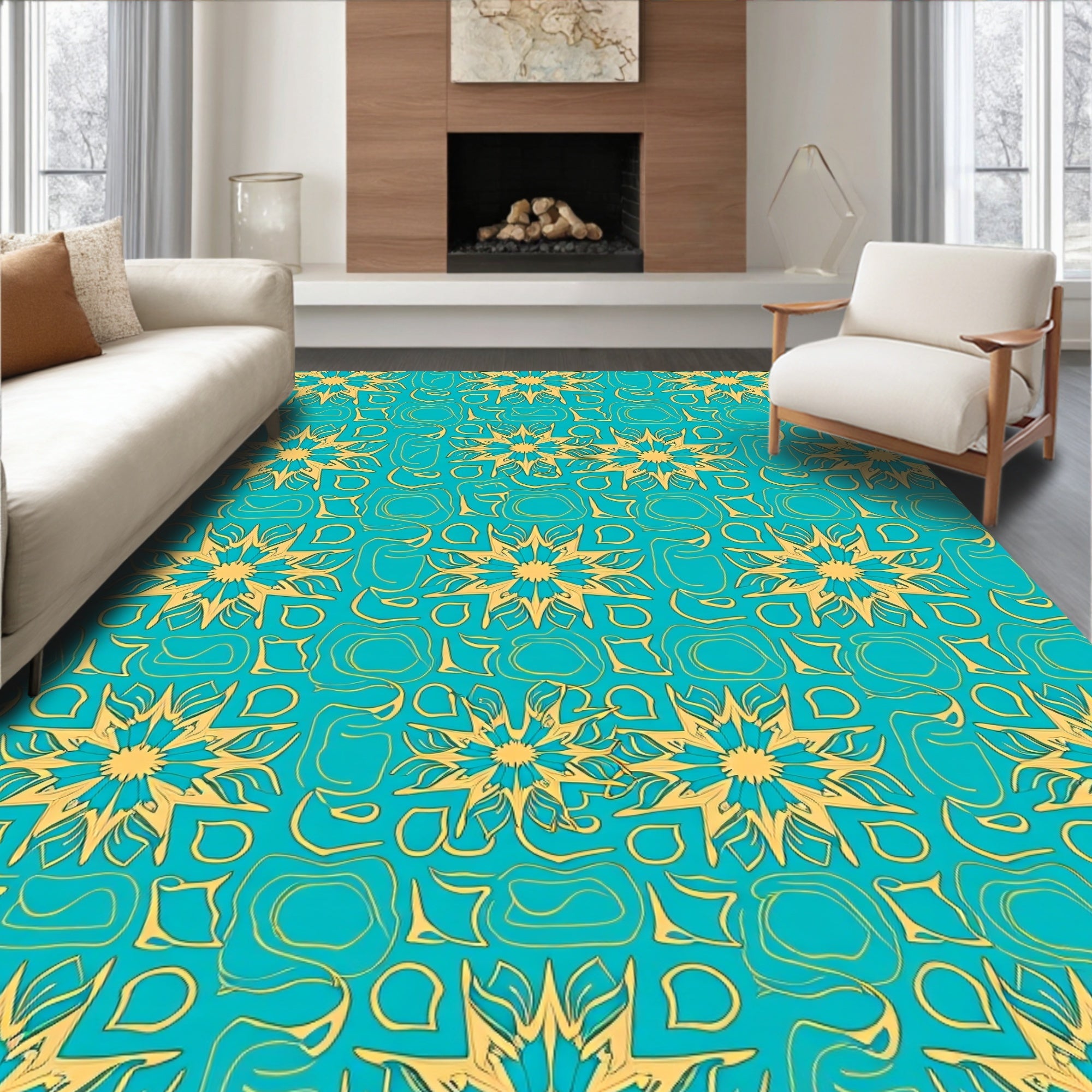Turquoise Gold Sunburst Medallion Rug