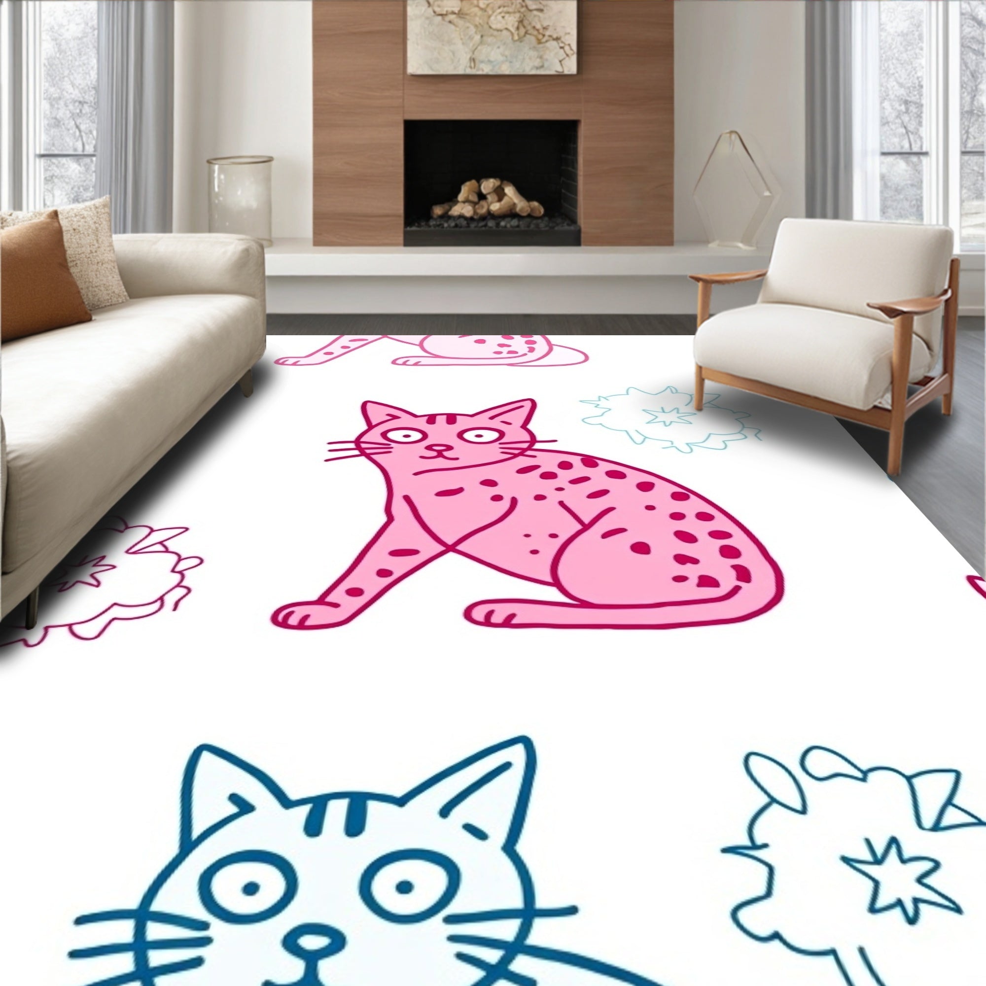 Pink Teal Whimsical Cat Bloom Rug