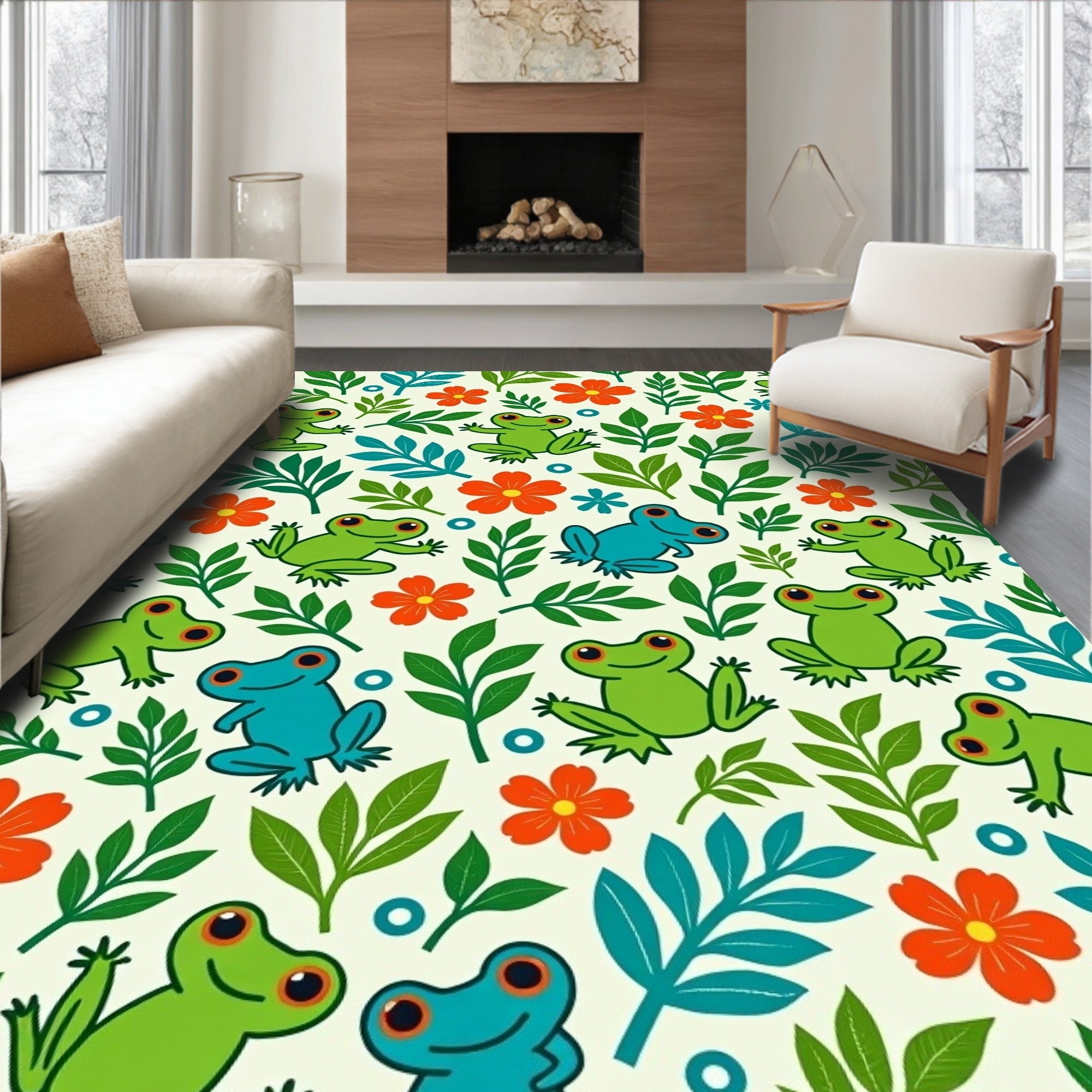 Whimsical Green Frogs Floral Garden Rug