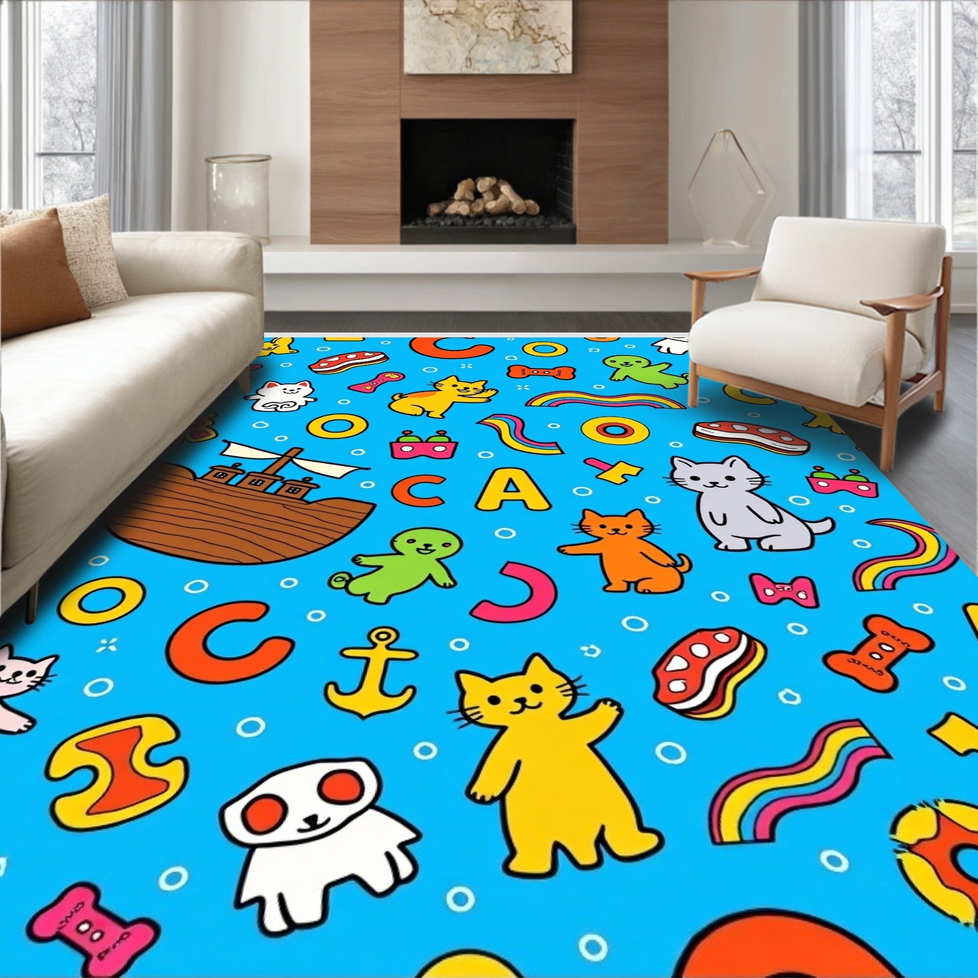 Whimsical Blue Cartoon Animal Collage Rug