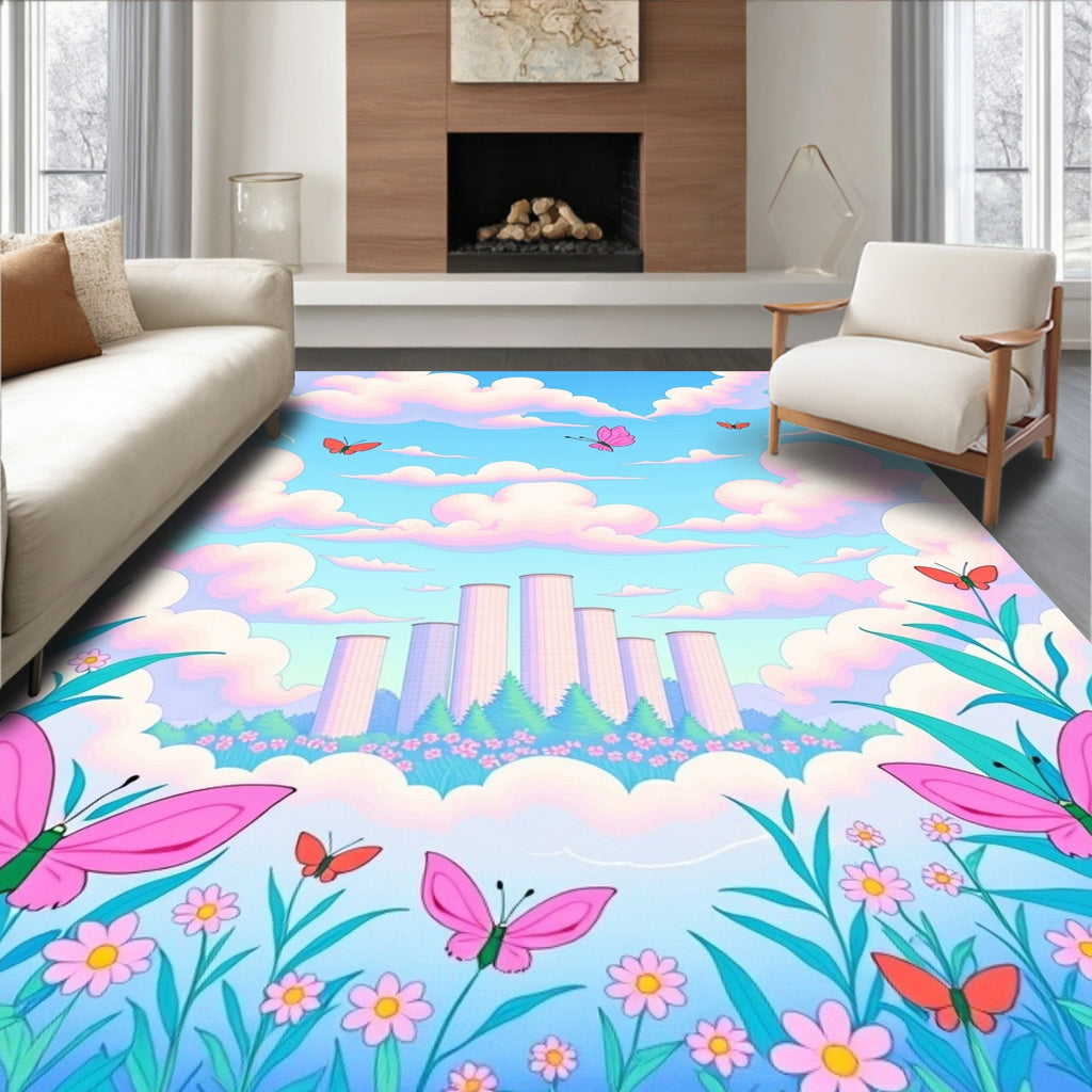 Pink Butterflies In A Dreamy Cloudscape Rug
