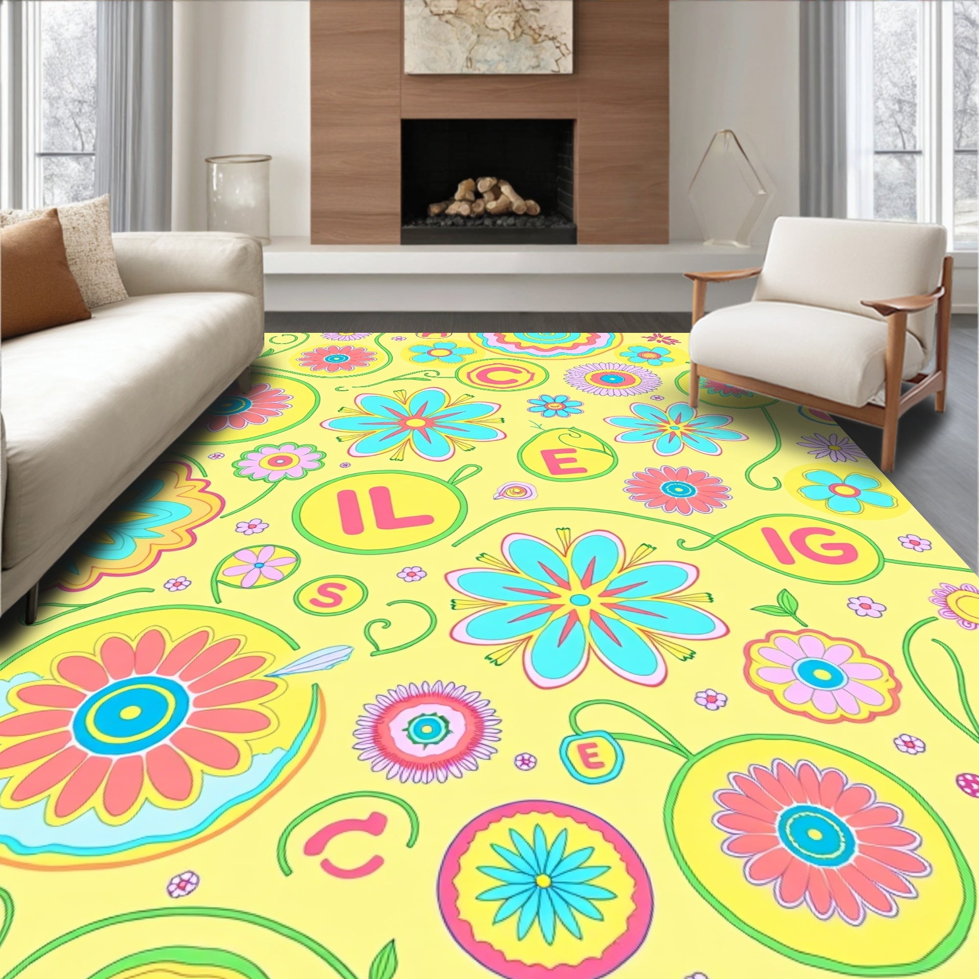 Groovy Yellow Floral Alphabet Medley Rug