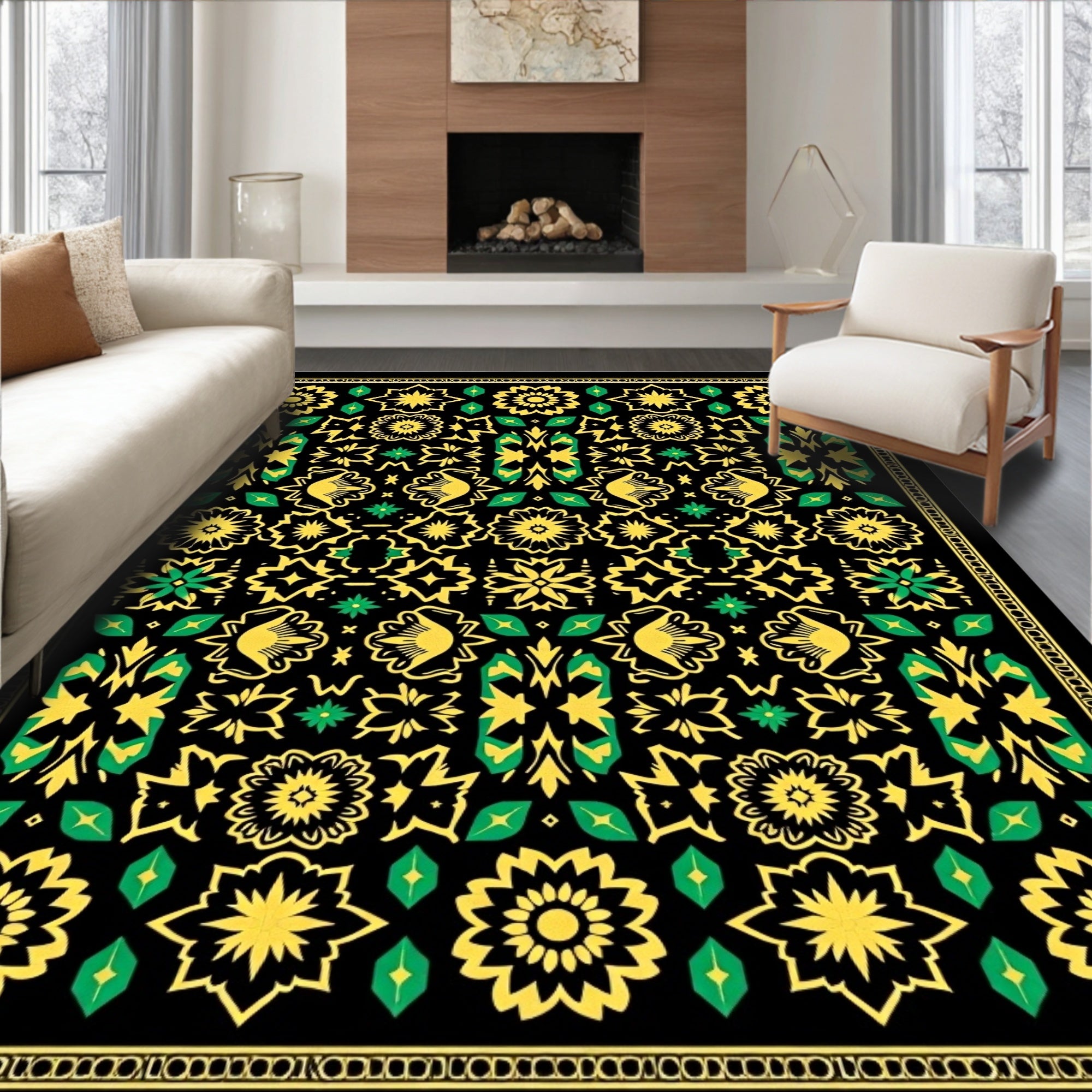Black Yellow Green Floral Medallion Rug