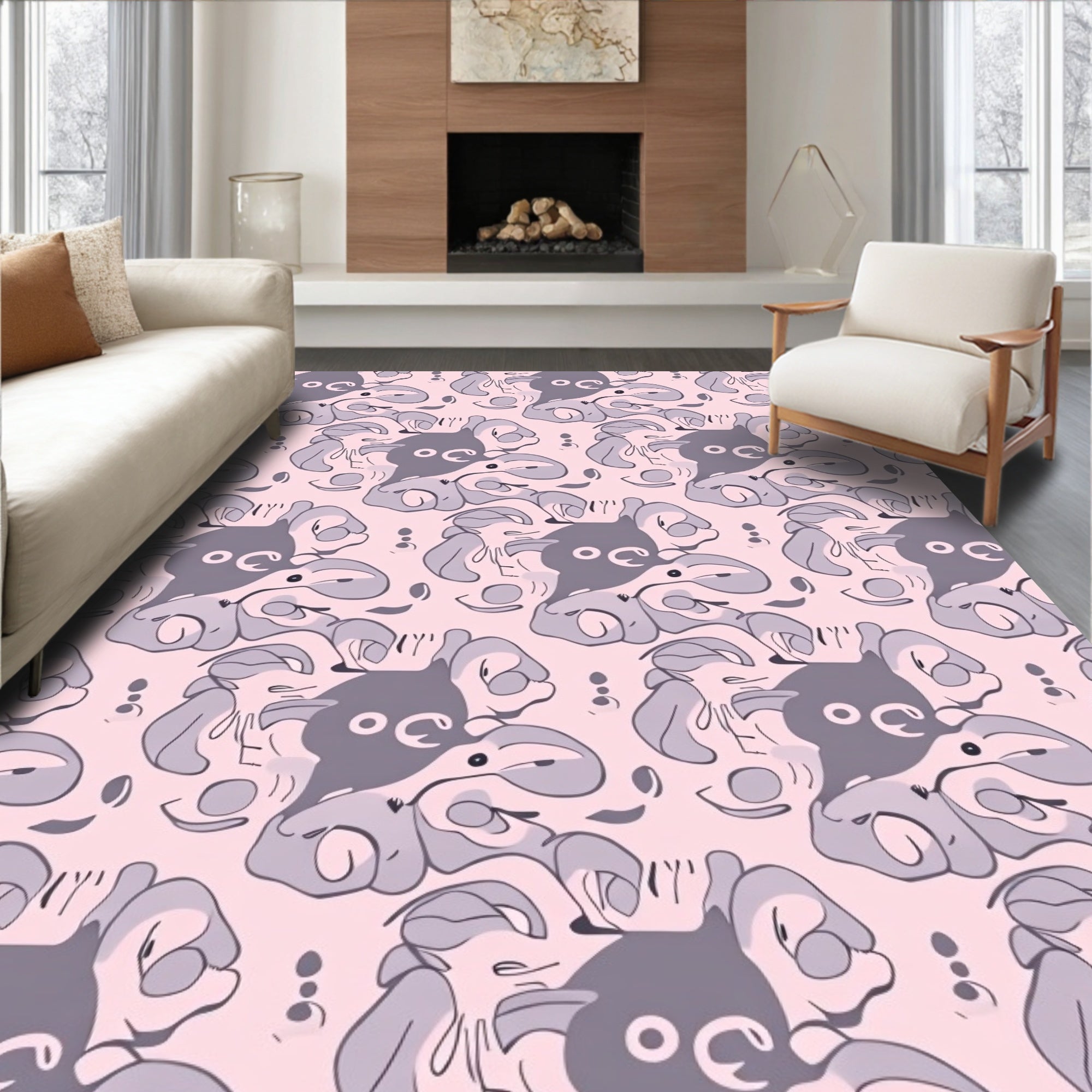 Whimsical Pink Gray Abstract Character Rug