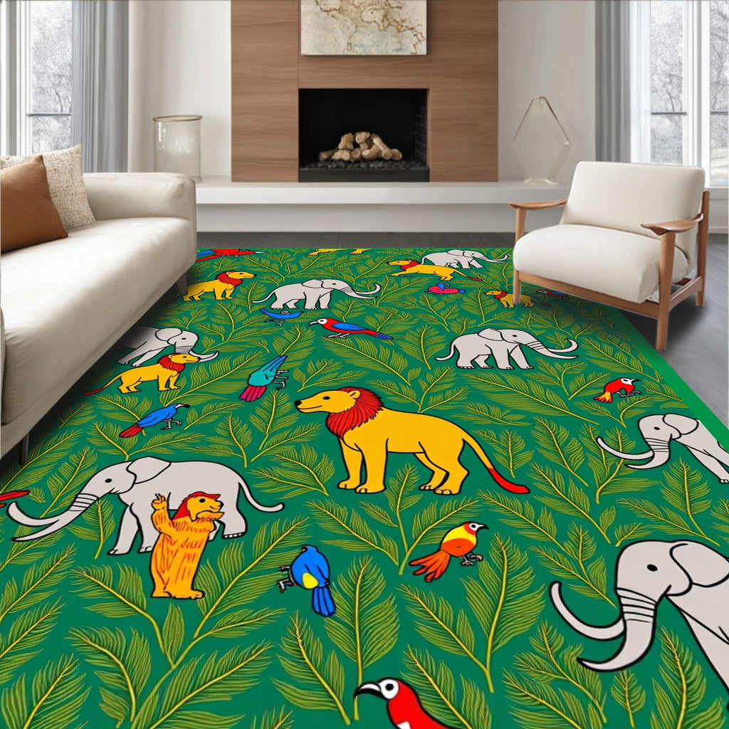 Emerald Jungle Animals Lion Elephant Birds Rug