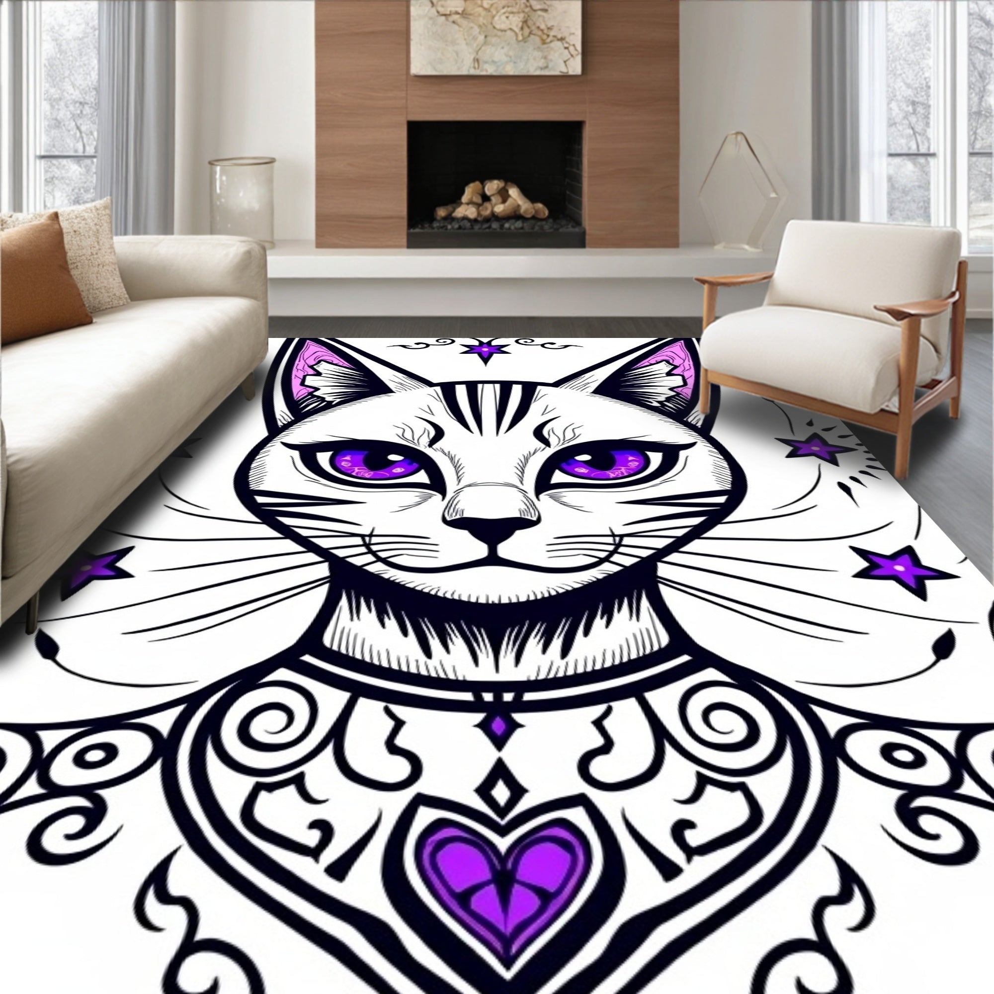 Mystic Purple Star Cat Portrait Rug