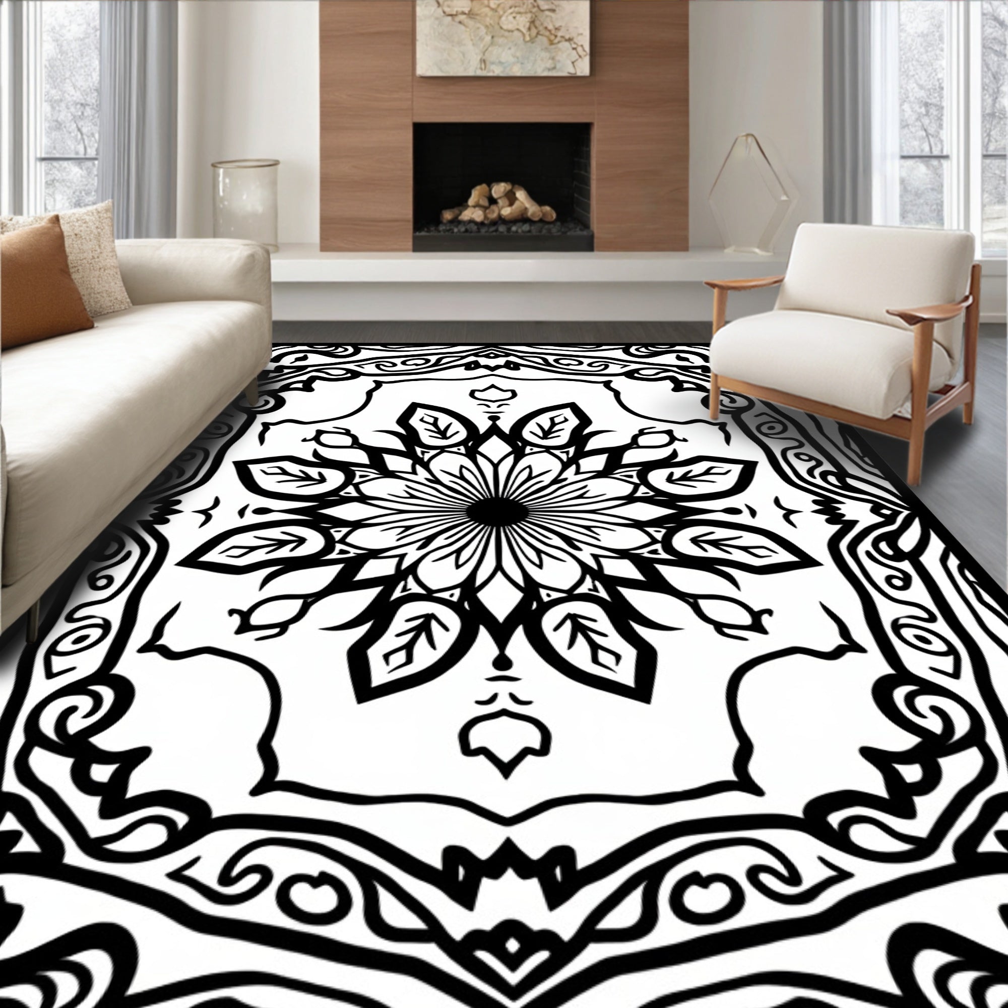 Bold Black Floral Medallion Frame Rug