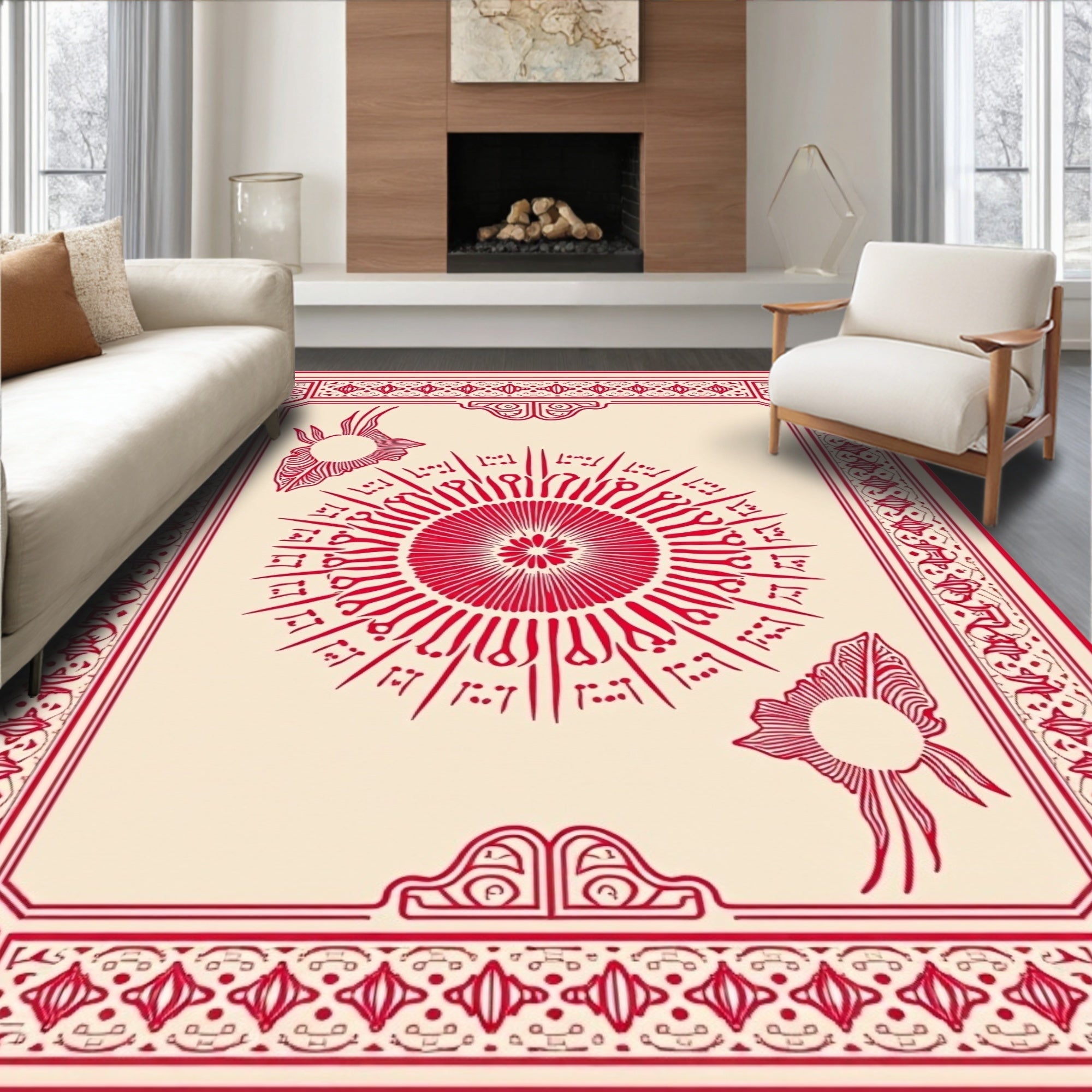 Crimson Sunburst Framed Medallion Rug