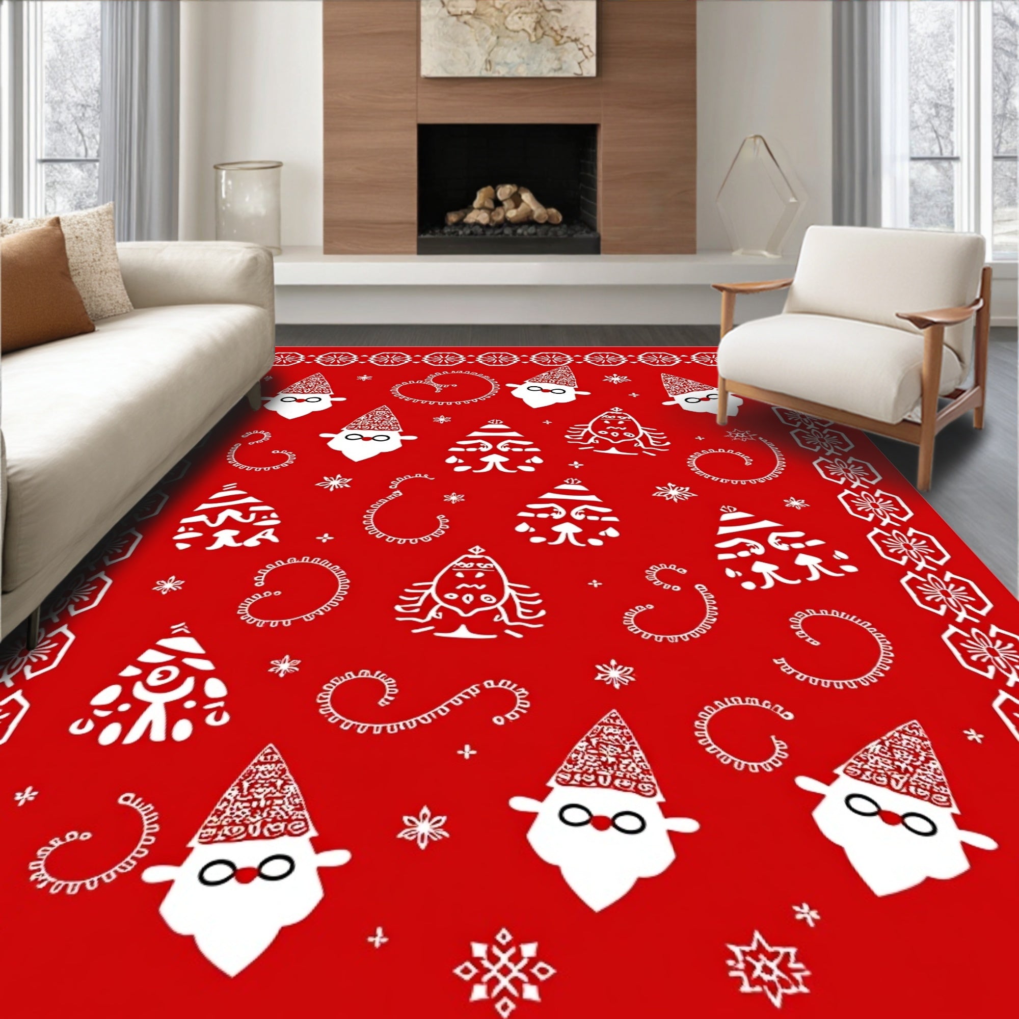 Festive Red Santa Tree Swirl Border Rug