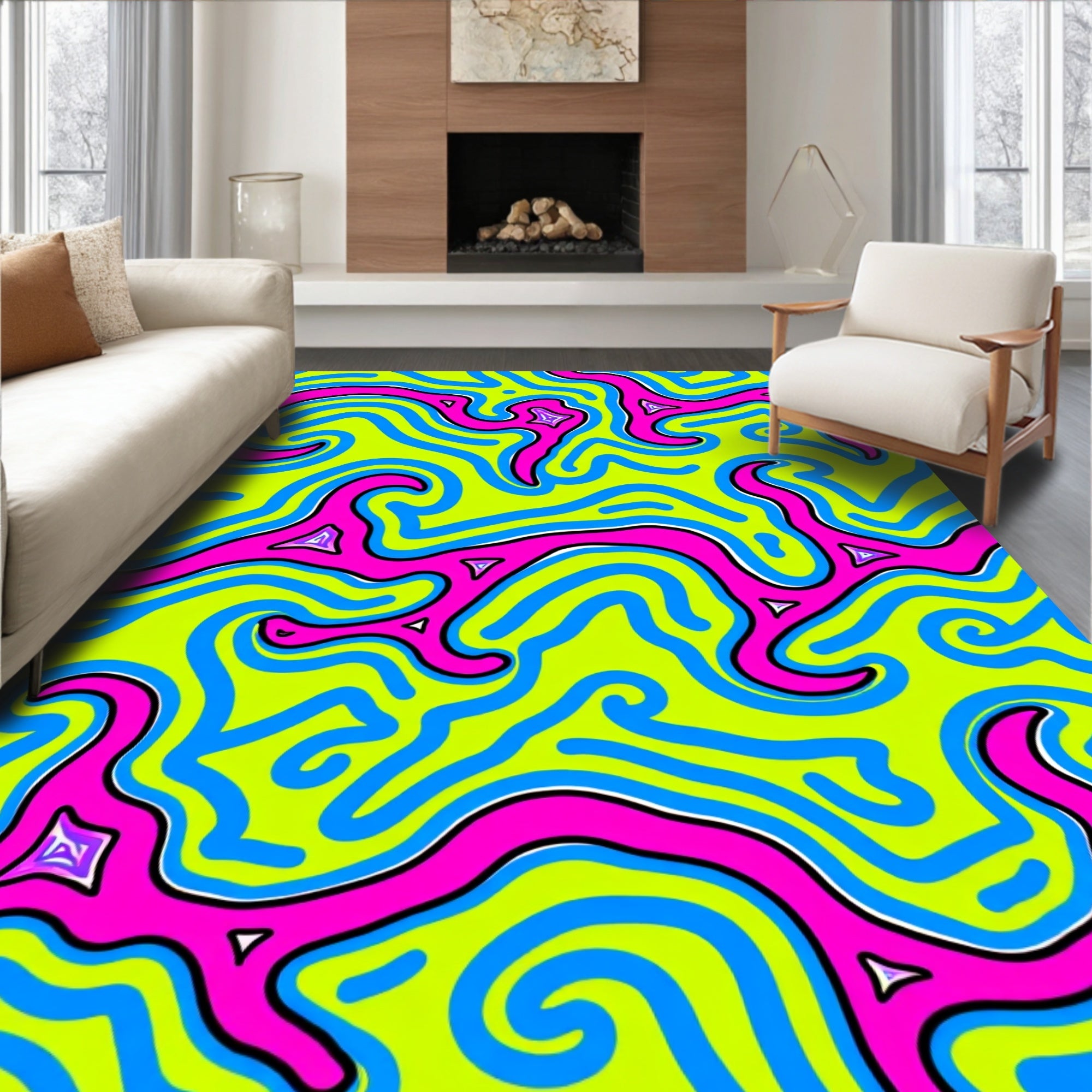 Vibrant Labyrinth Blue Pink Swirl Rug