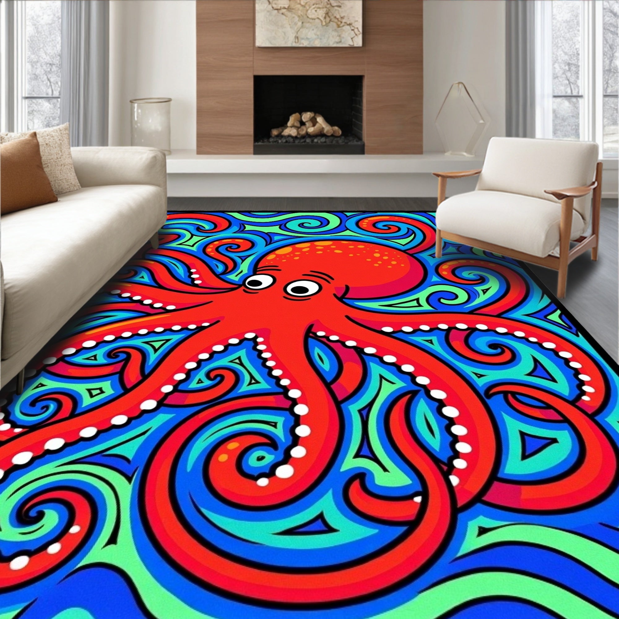 Vibrant Red Octopus Swirls Rug