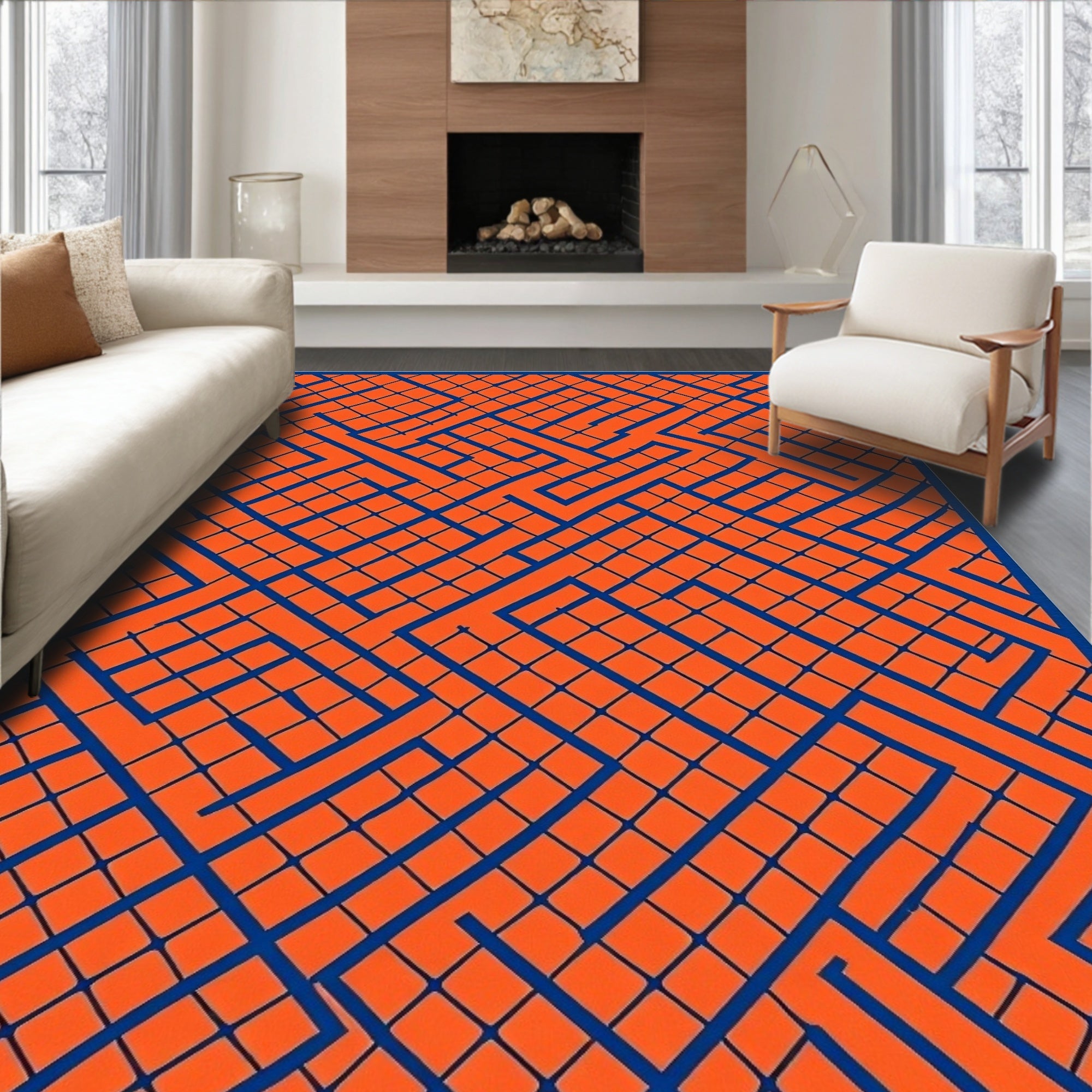 Bold Orange Blue Interlocking Maze Rug