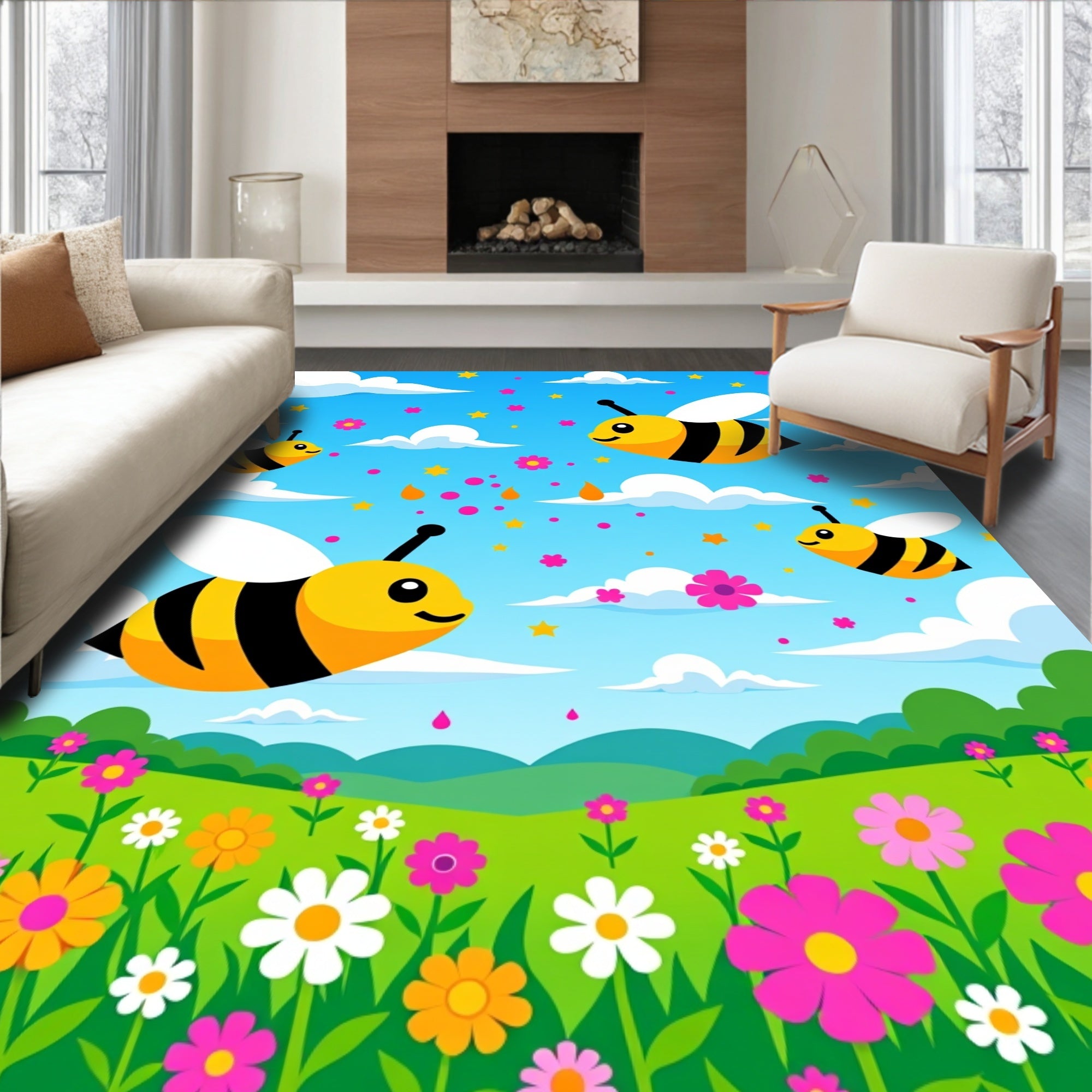 Playful Bumblebee Flower Meadow Rug