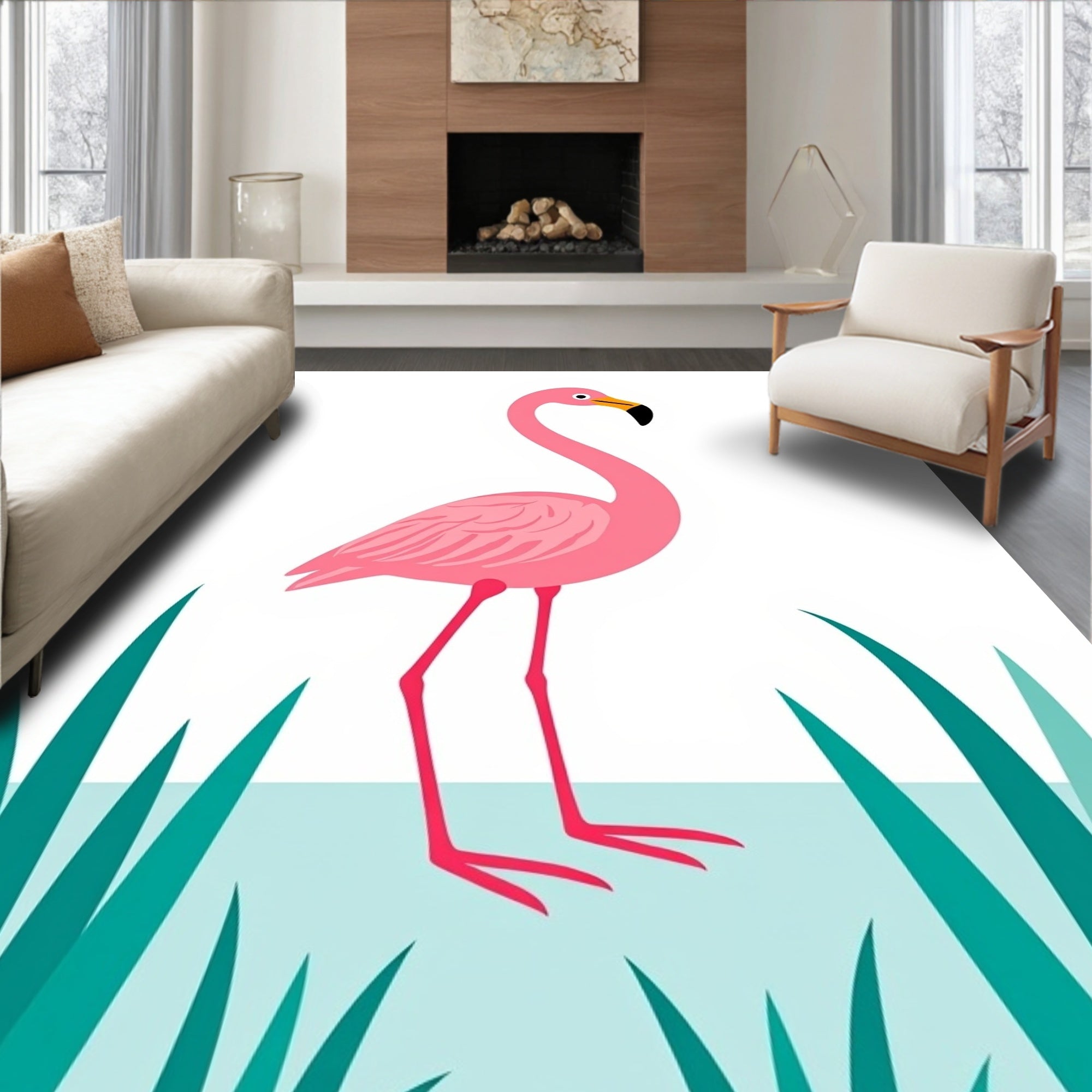 Pink Flamingo Tropical Grass Water Rug