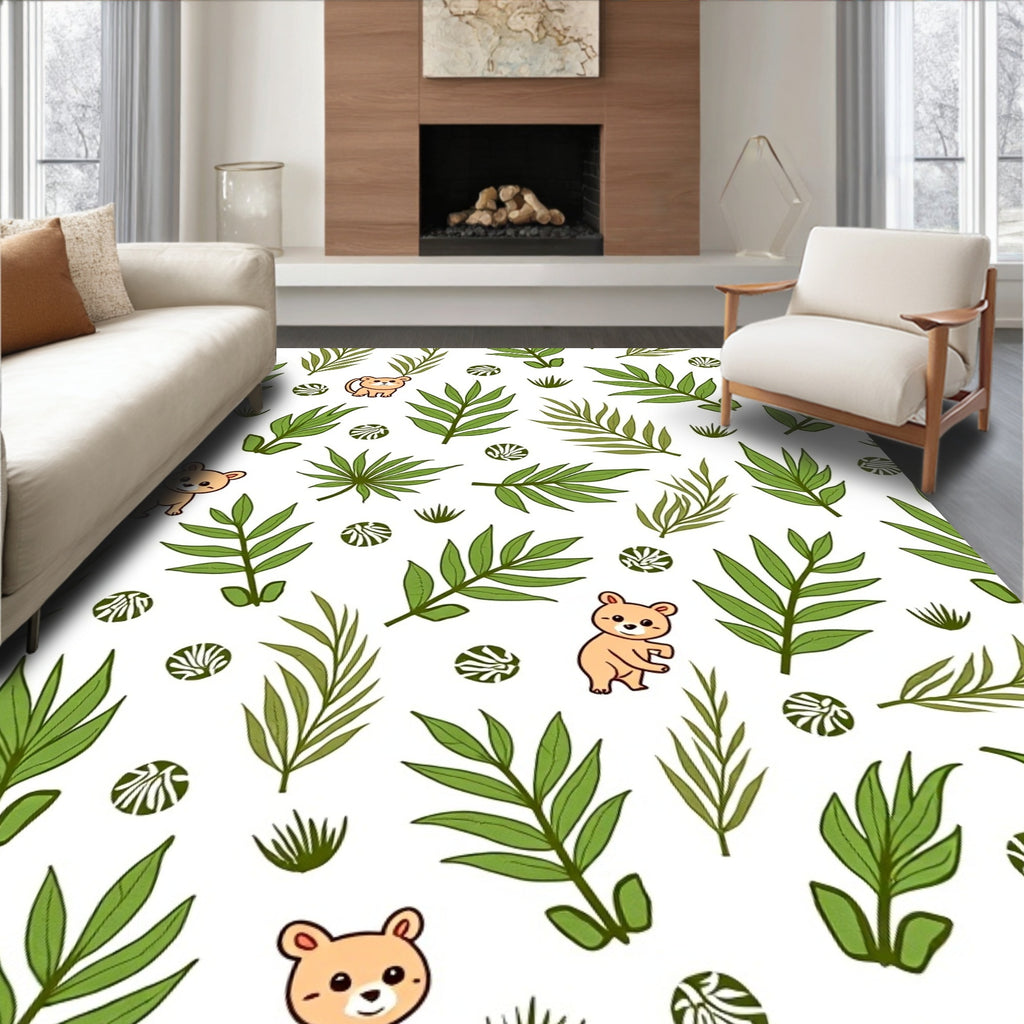 Cartoon Jungle Leaves with Cubs Rug