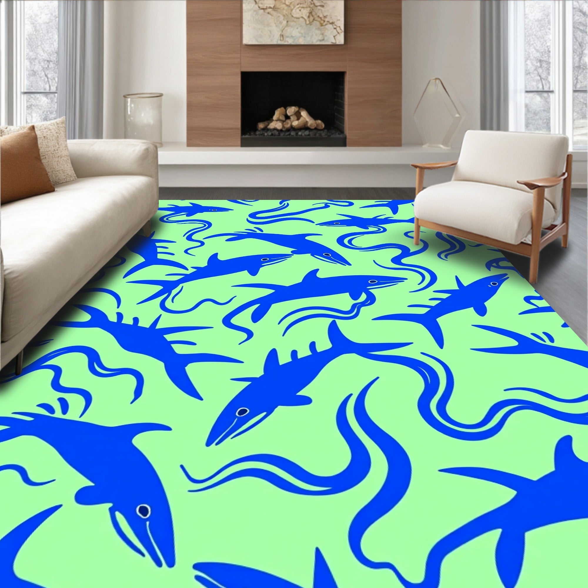 Blue Sharks On Light Green Background Rug