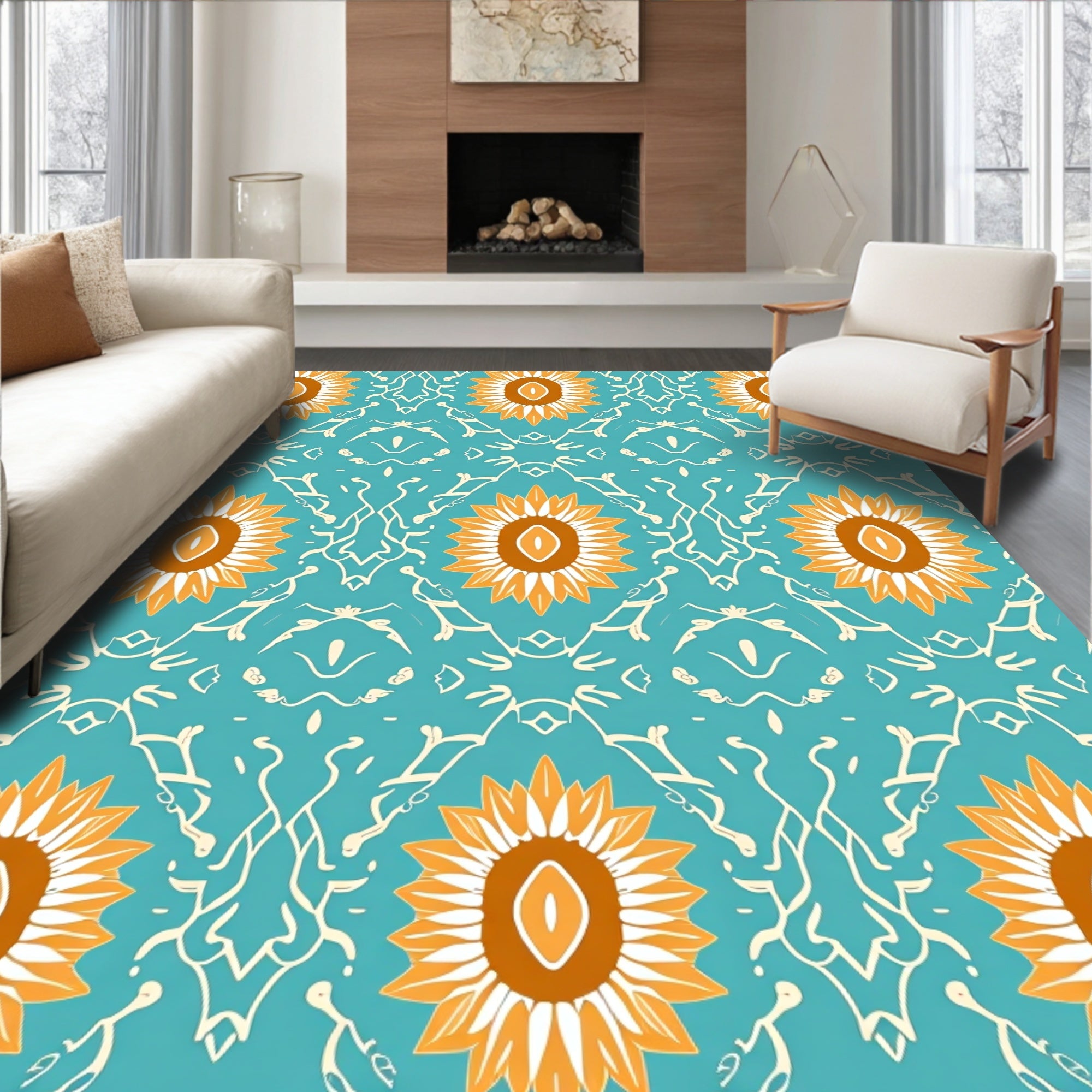 Turquoise Orange White Sunflower Tile Rug