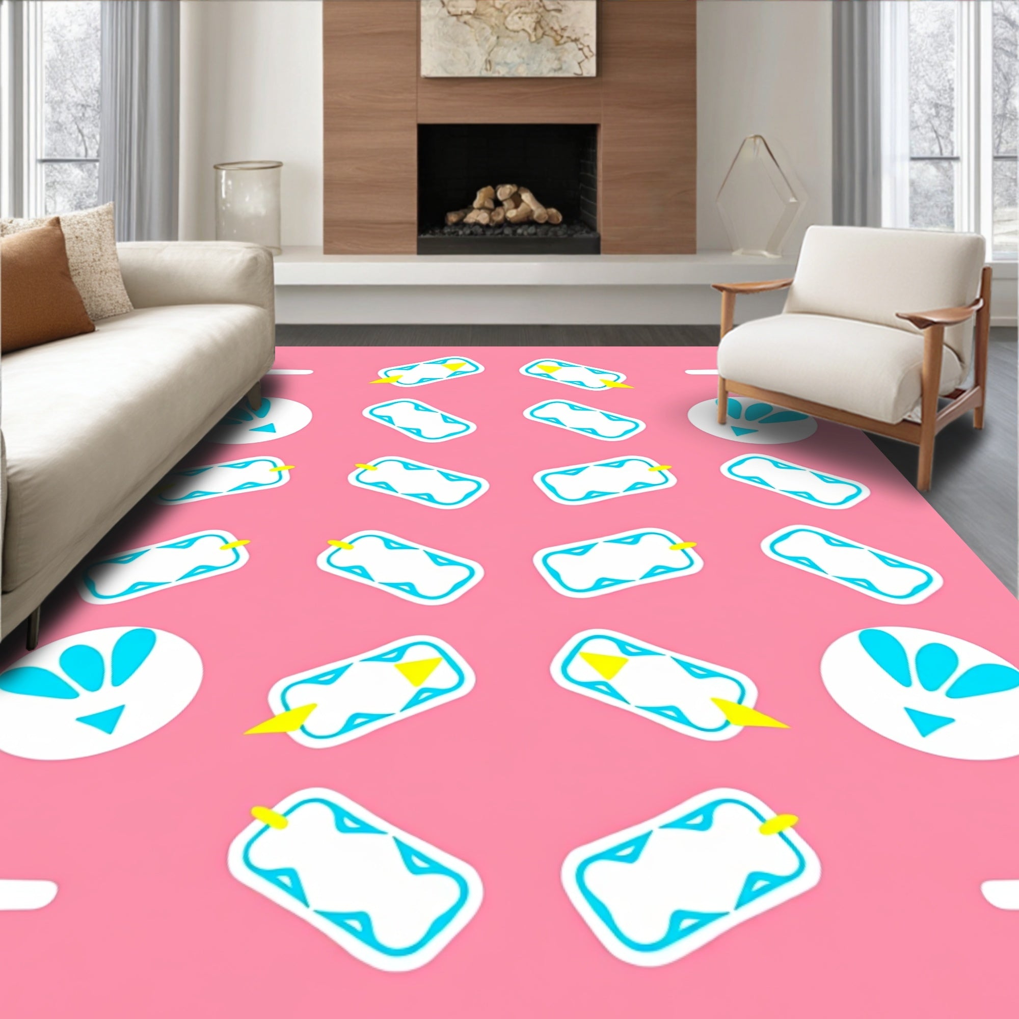 Cute Pink Airplane Cloud Motif Rug