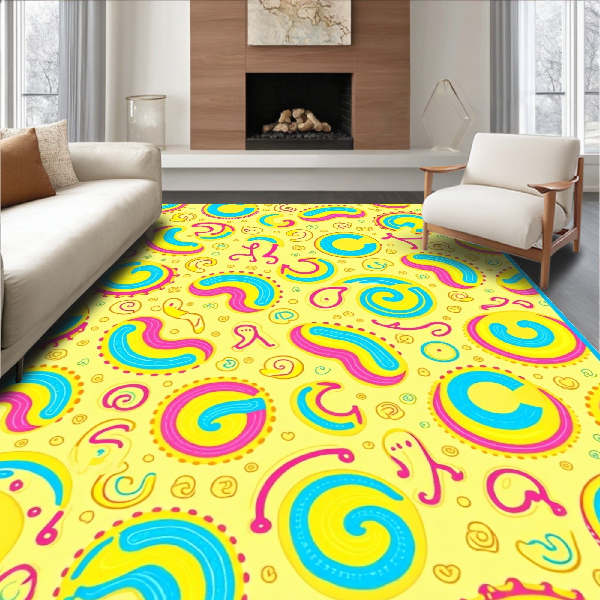 Bright Yellow Pink Blue Swirls Rundles Rug
