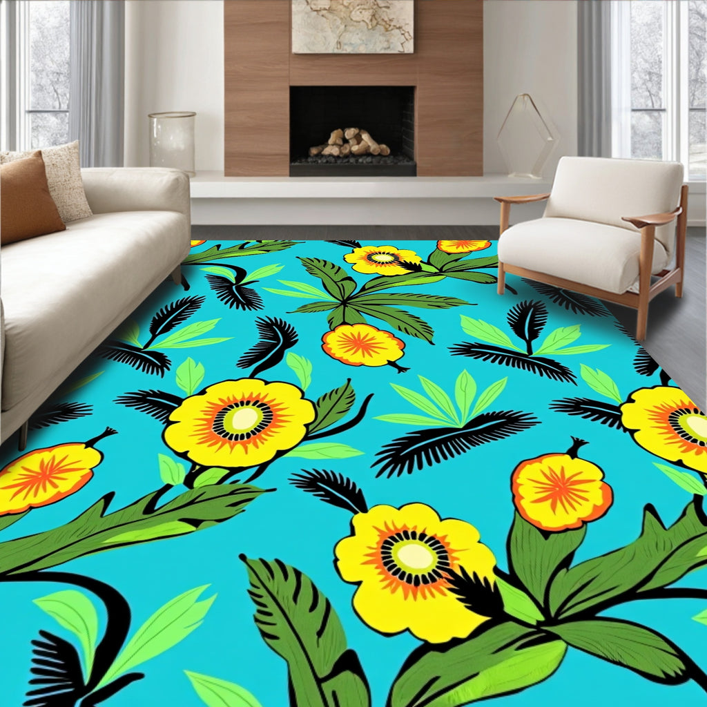 Vibrant Yellow Tropical Floral Bloom Rug