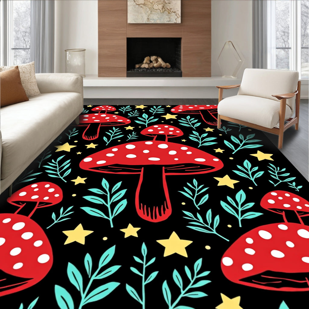Whimsical Red Mushroom Starry Night Rug